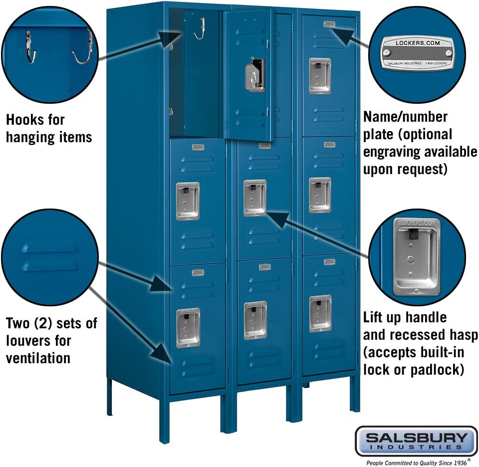 Salsbury Industries Assembled 3-Tier Standard Metal Locker with Three Wide Storage Units, 5-Feet High by 18-Inch Deep, Blue