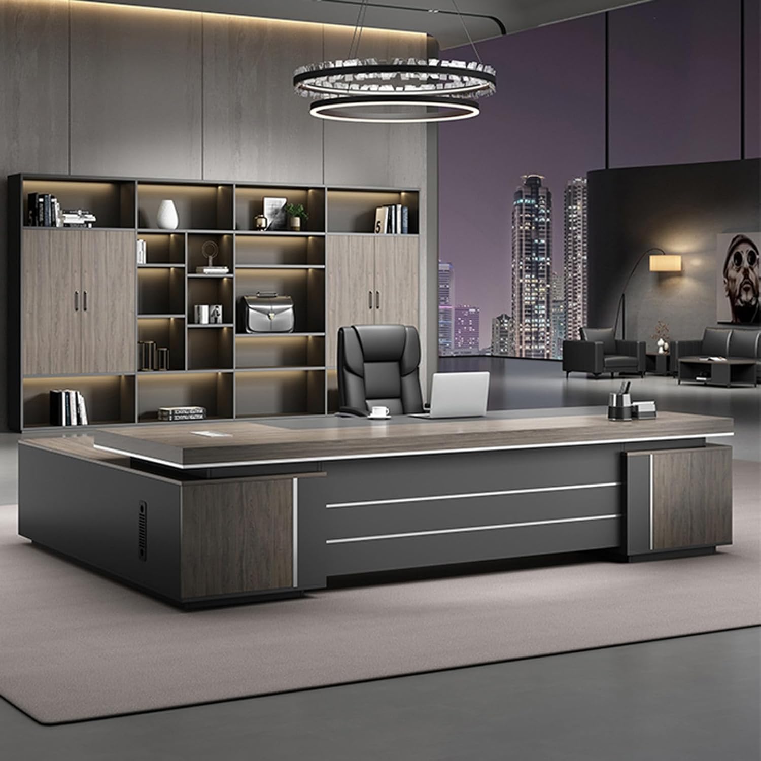 Brown L-Shaped Computer Desk Executive Office Desk with File Drawers Study Writing Table Business Furniture Set for CEO Boss