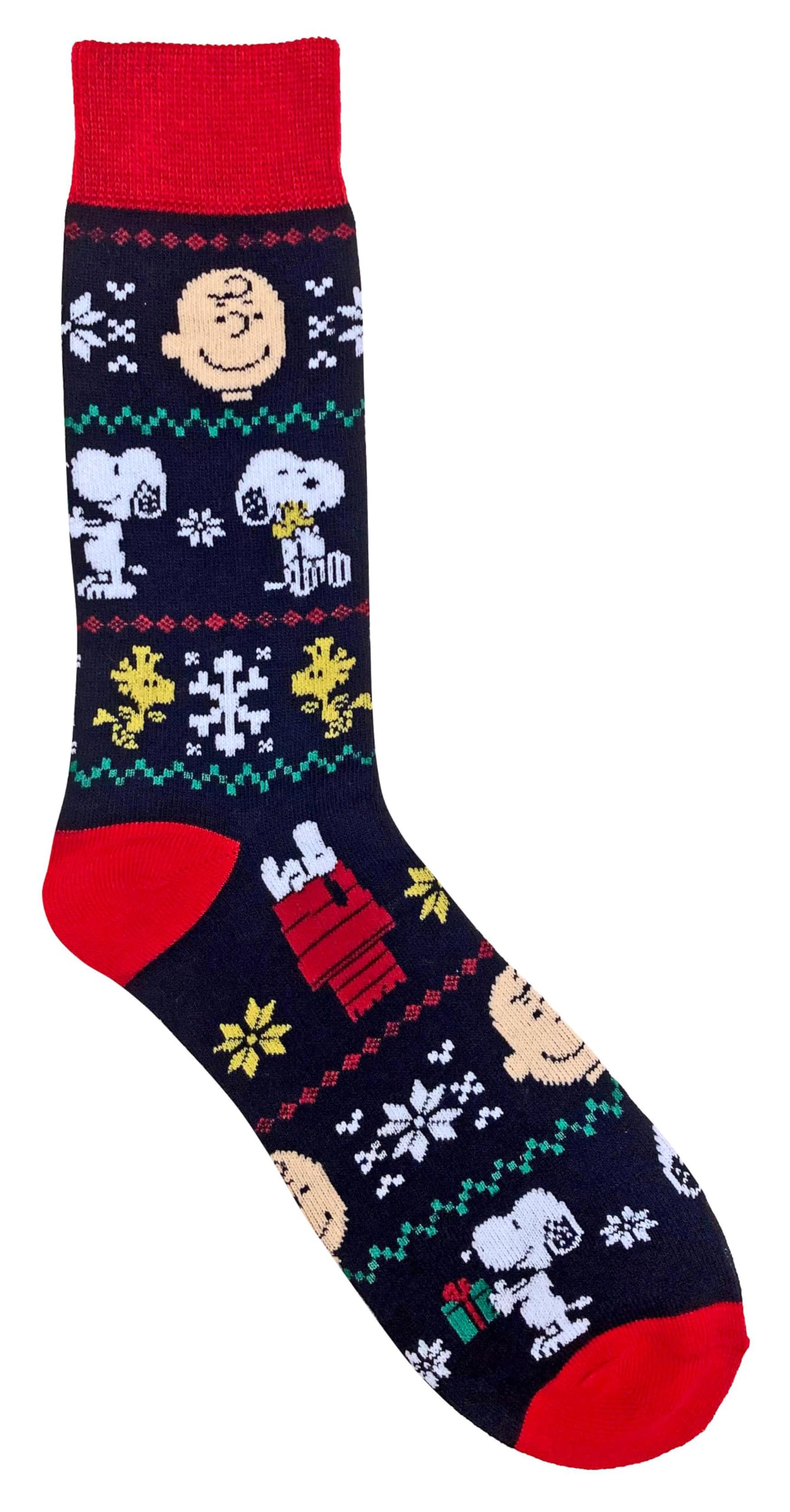 Hyp Peanuts Snoopy Charlie Brown and Woodstock Ugly Sweater Pattern Crew Christmas Socks