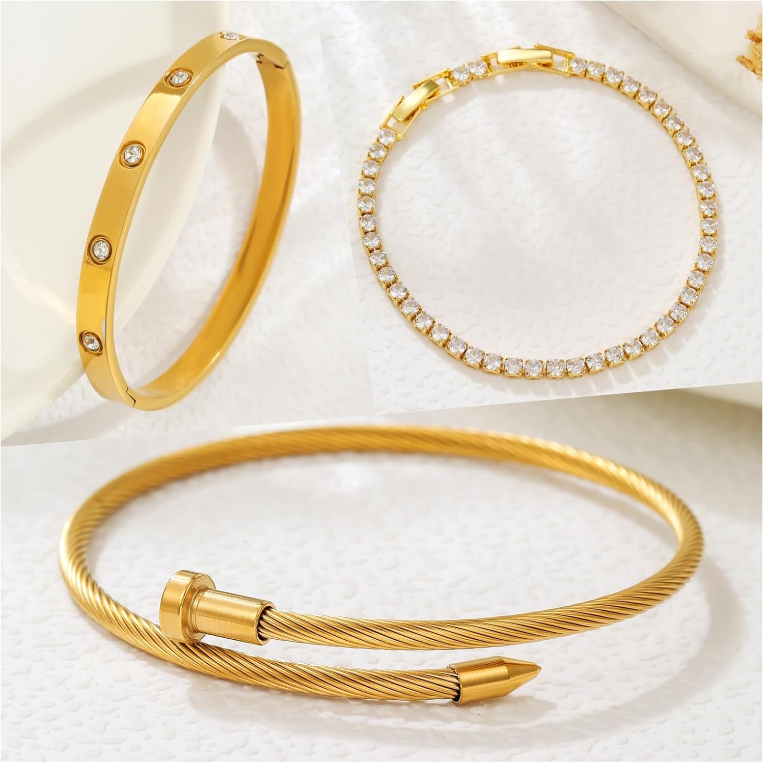 Shengkeao Gold Plated Bangle Bracelets for Women Stackable 18K Gold Plated Stainless Steel Love Bracelet Set Nail Cuff Bangle Set for Love Jewelry Adjustable Tennis Bracelet Non Tarnish Gift Jewelry - Image 3