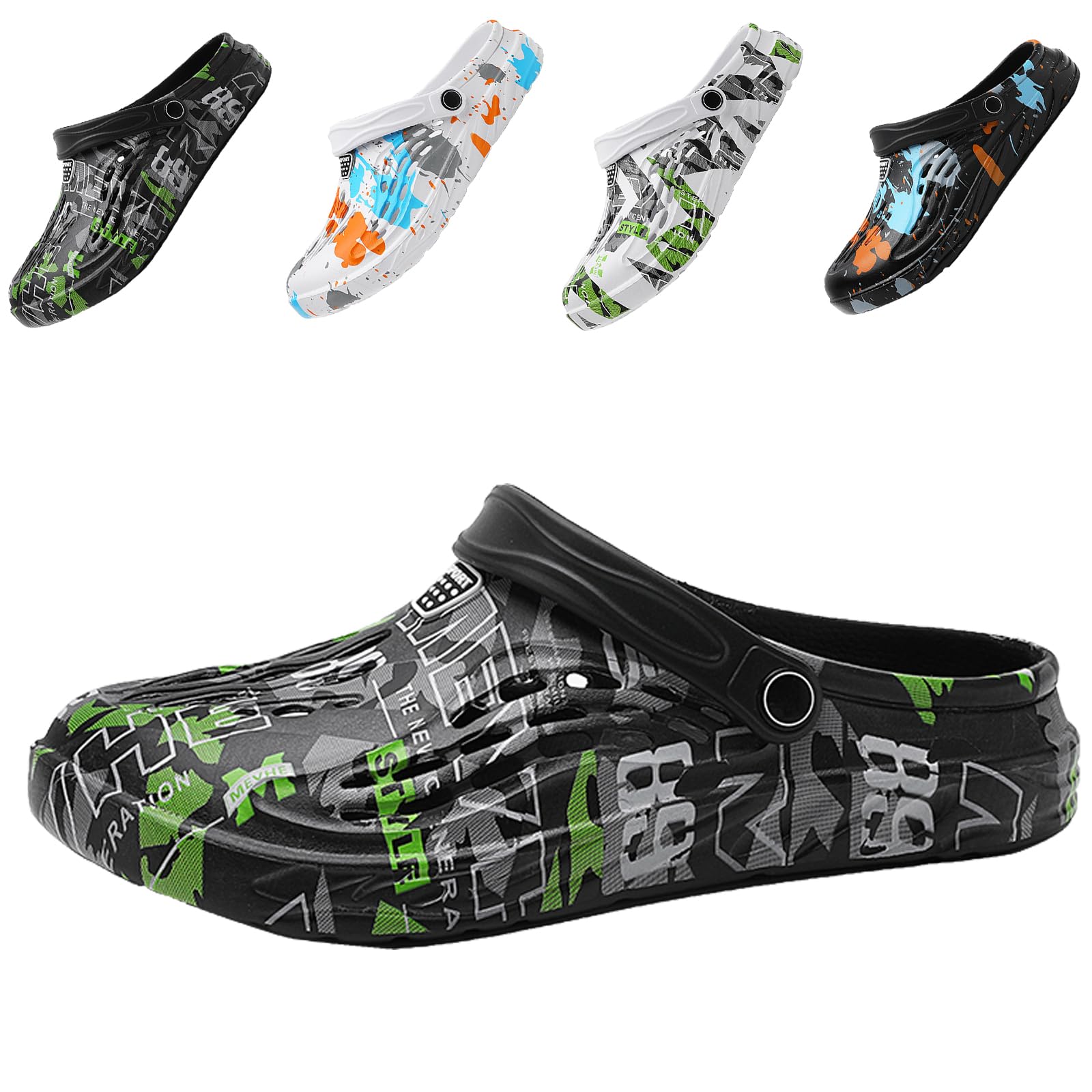 CYian Zuecos clásicos para hombre y mujer, ligeros, mullidos, sandalias de playa, zuecos de jardín, Verde Negro, 10 Women/8 Men