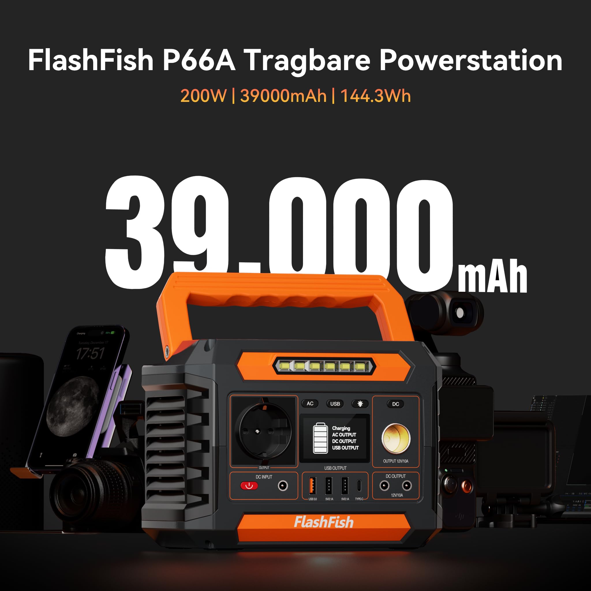 FlashFish P66A Tragbare Powerstation 144.3Wh, 200W Solar Generator mit 230V AC/DC/USB/Typ C/LED-Lichter, Stromgenerator Akku für Camping, Reise, Unterwegs, Notstrom