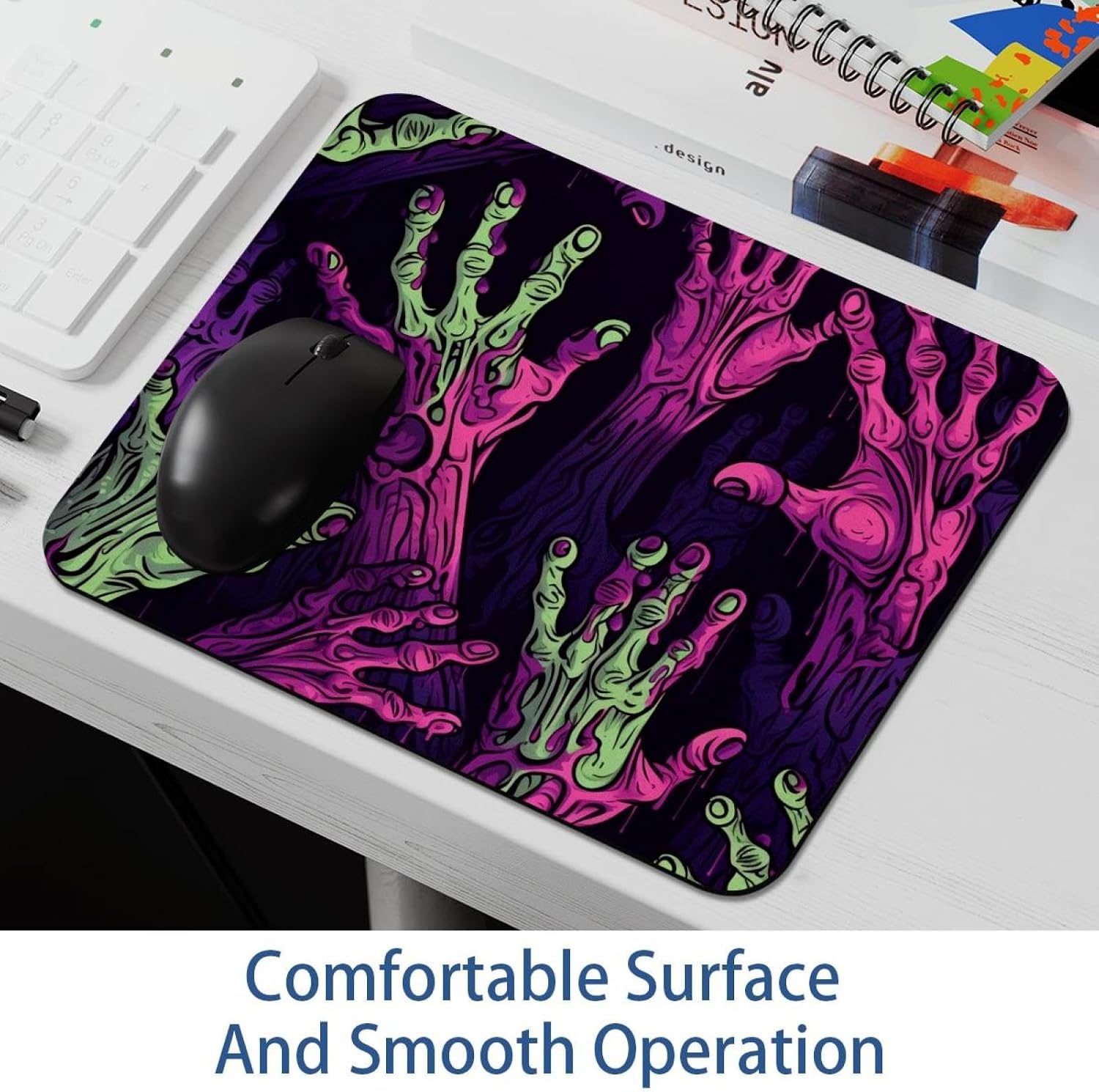 Mouse pad on a desk with a black mouse