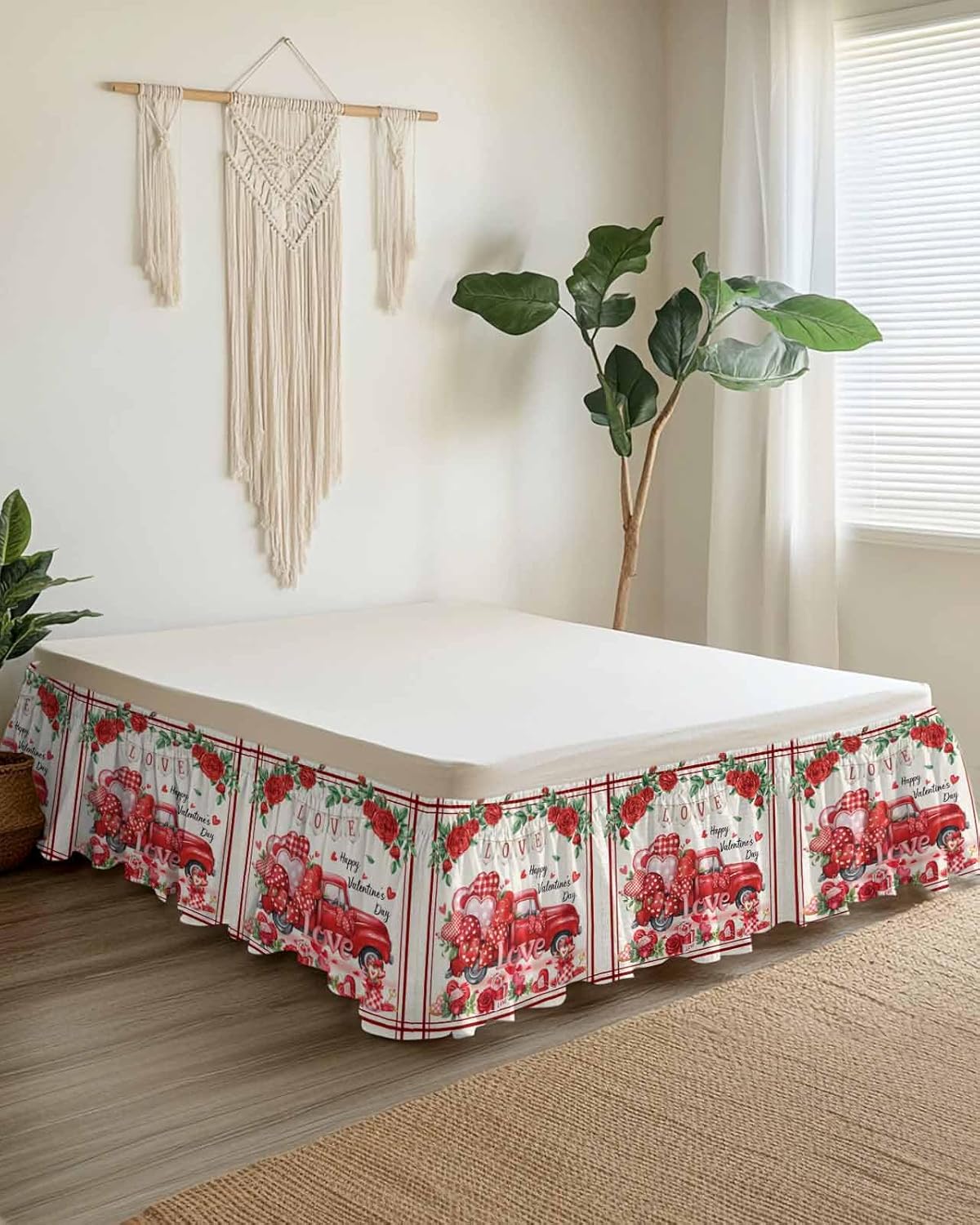 Burlap Valentine's Bed Skirt Cal King Size 16 Inch Drop,Adjustable & Elastic Wrap Around Bed Skirts Pleated Luxury Dust Ruffles for Twin Full Queen Cal King Bed,Farmhouse Red Truck Rose Bohemia Dots