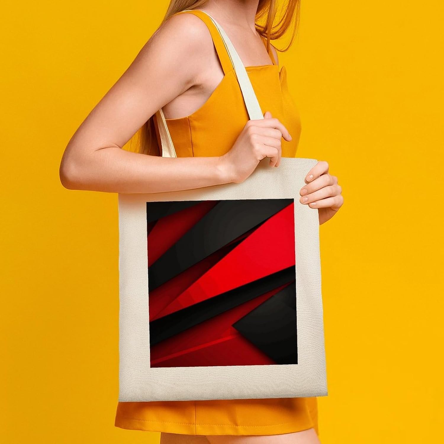 Red Black Cotton Polyester Blend Canvas Carryall Bag | Red Black Reusable Fabric Handbag for Grocery Travel Daily Errands Multipurpose Storage Carry Tote