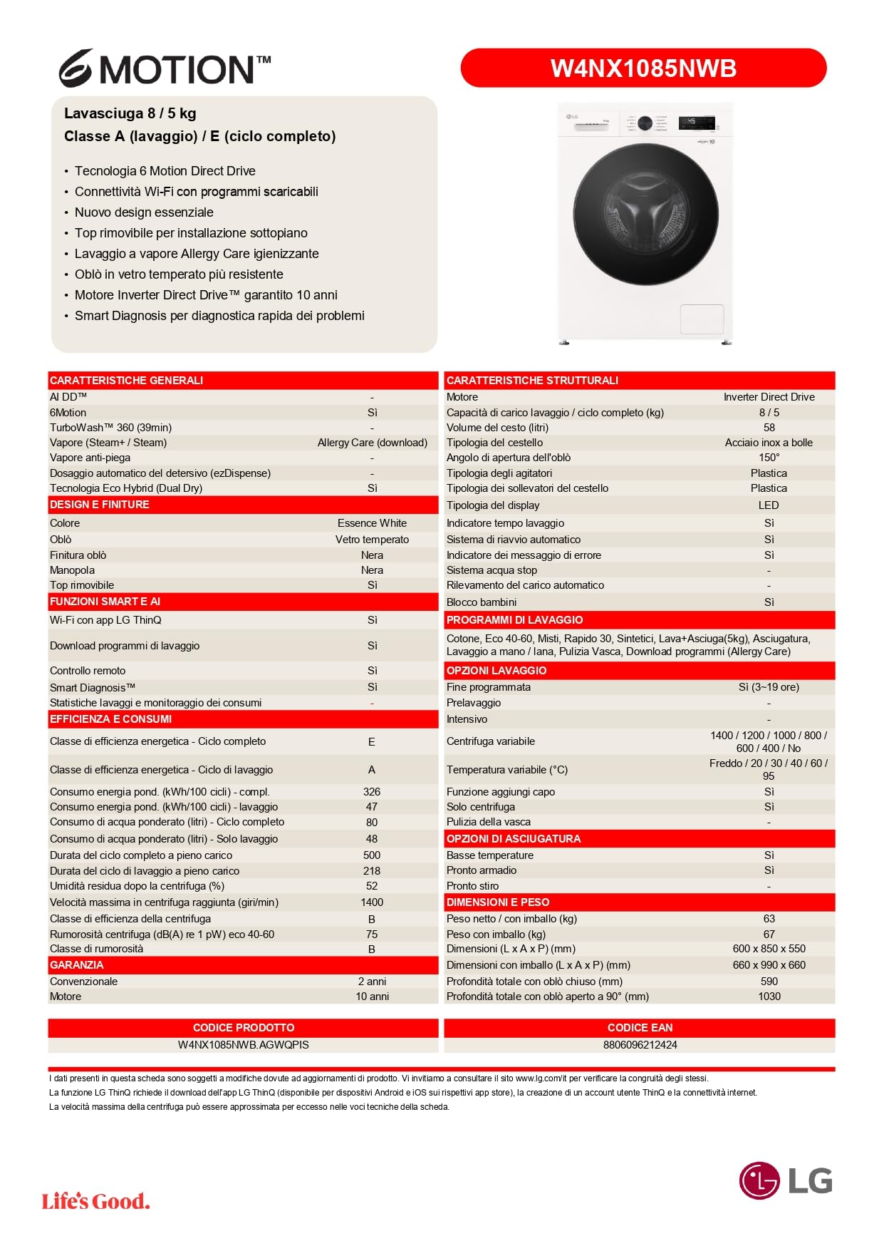 LG W4NX1085NWB Lavasciuga 8/5kg Serie X1, Lavatrice e Asciugatrice Insieme Classe A/E, 1400 Giri, Wi-Fi, Top Rimovibile, Vapore Allergy Care, Tecnologia 6 Motion Direct Drive, Bianca