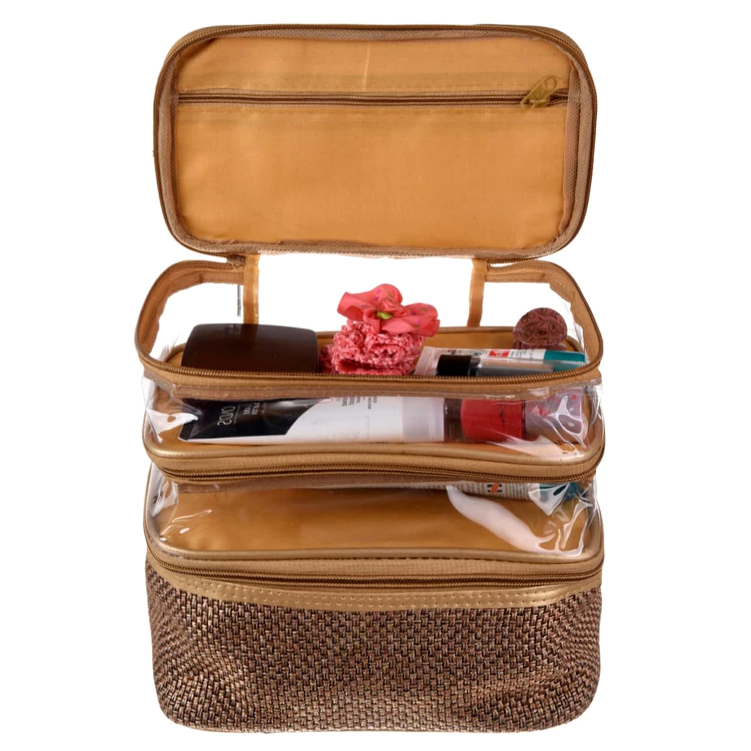 Kuber Industries Makeup Kit | Jute 3 Layer Cosmetic Kit Pouch | Antique Color Travel Kit with Clear window | Vanity Kit for Woman with Handle | Golden-image-24