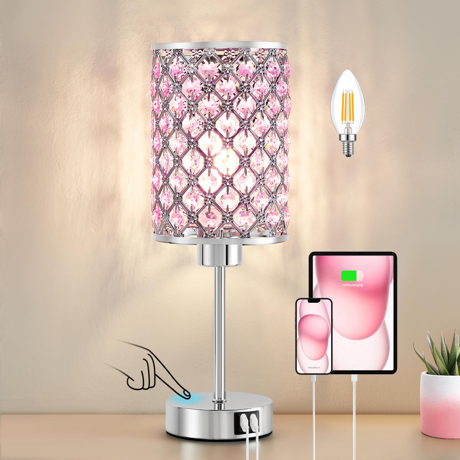 Lámpara de cristal, lámpara táctil rosa con puertos USB C+A, lámpara regulable en 3 niveles con pantalla de cristal, lámpara pequeña para dormitorio de niña, sala de estar (bombilla incluida)