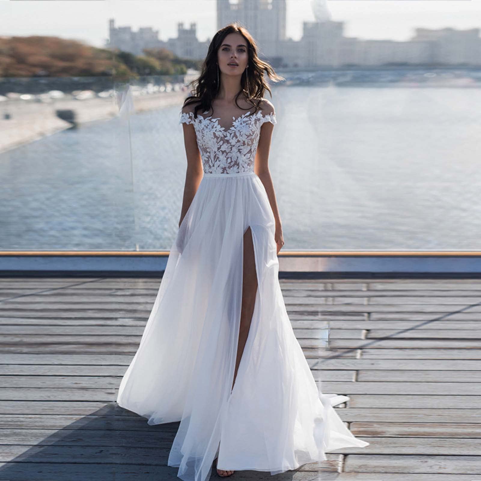 A Linie Brautkleid Elfenbeinweiß Tüll V-Ausschnit Produktbild-Vorschau 7