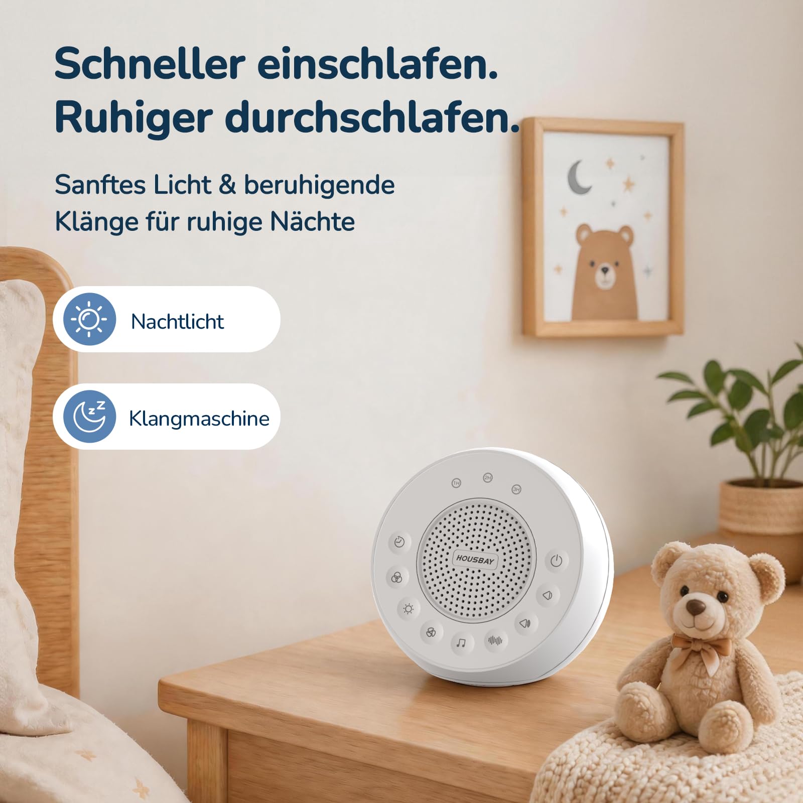Housbay White Noise Machine per neonati con luce notturna, dispositivo a rumore bianco per neonati, 31 suoni calmanti, portatile con timer per un sonno tranquillo