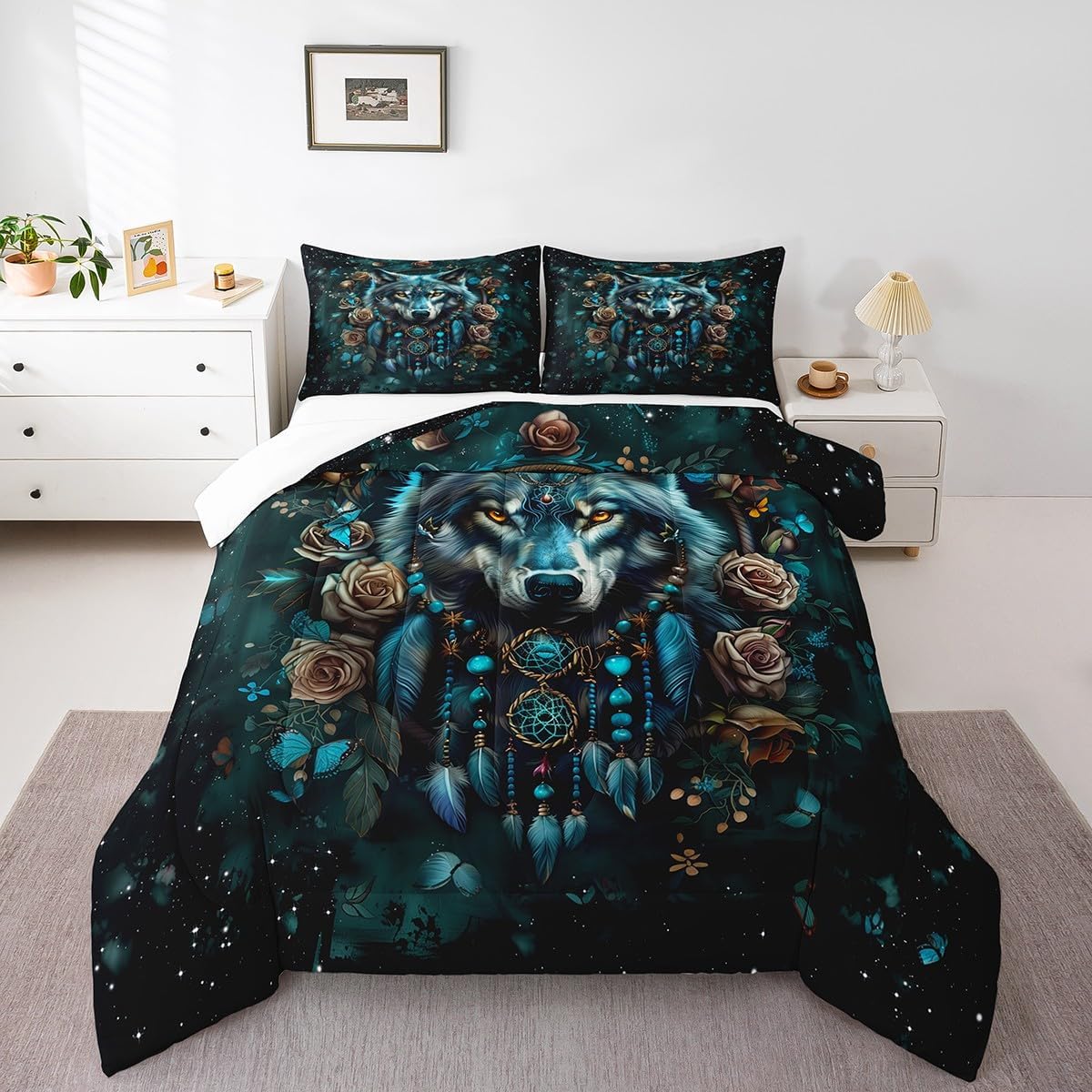 Feelyou Wolf Comforter Set for Kids Boys Wolves Howling Comforter Twin Size Dreamcatcher Bedding Set Room Decor Boho Dream Catcher Decor Duvet Set, Teal with 1 Pillow Case
