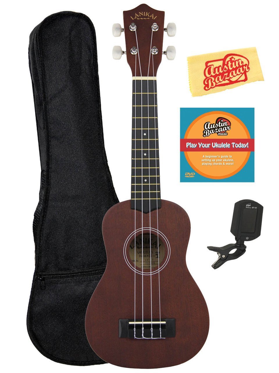 Lanikai LU-11 Soprano Ukulele Bundle with Gig Bag, Tuner, and Polishing Cloth