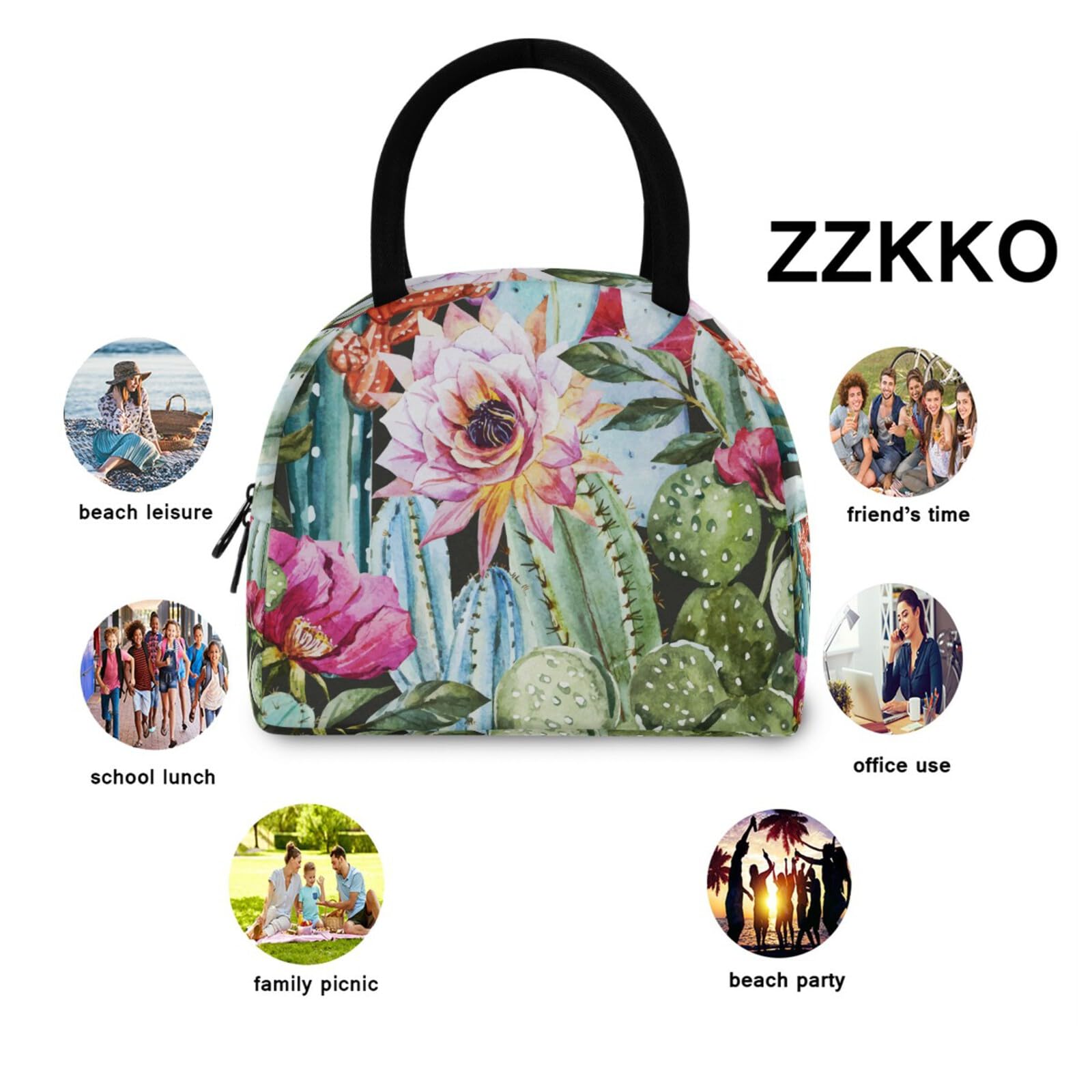 ZZKKO Floral Cactus Lunch Bag Box Tote Organizer Lunch Container Insulated Zipper Meal Prep Cooler Handbag For Women Men Home School Office Outdoor Use