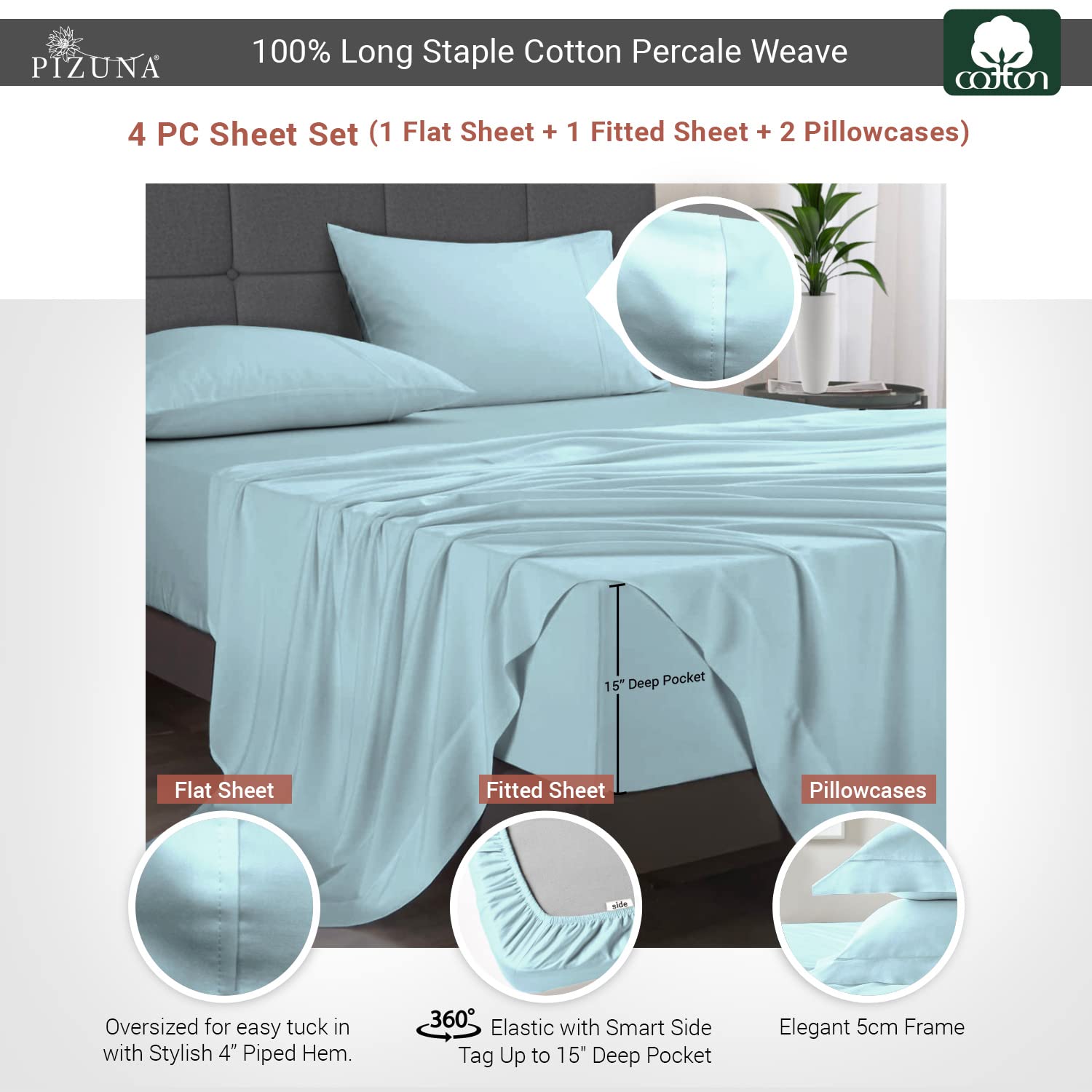 Pizuna Cotton Percale King Size Sheet Set Baby Blue, 100% Long Staple Combed Cotton Bedding Set 275x280 cm - Image 3