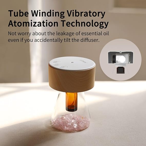 Minidiva Twilight Waterless Diffuser with Sweet Dreamscape Essential Oil Blends, Atomizing Diffuser with Essential Oil Set, Optional LED Light, Quiet, Battery Powered for Office Home -Woodgrain