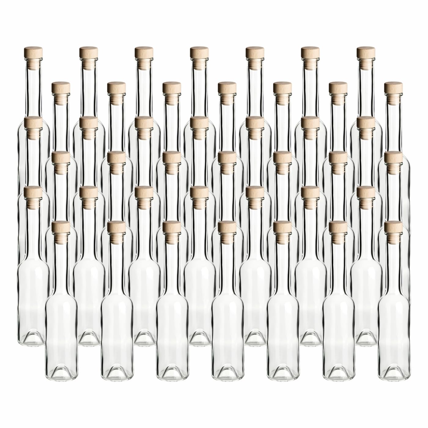 gouveo 42er Set Glasflaschen 200 ml (0,20 l) Sinfonie mit Holzgriffkorken – Leere zum Befüllen für Likör, Schnaps, Sirup, Öl, Essig und Deko (SIF200HGK)