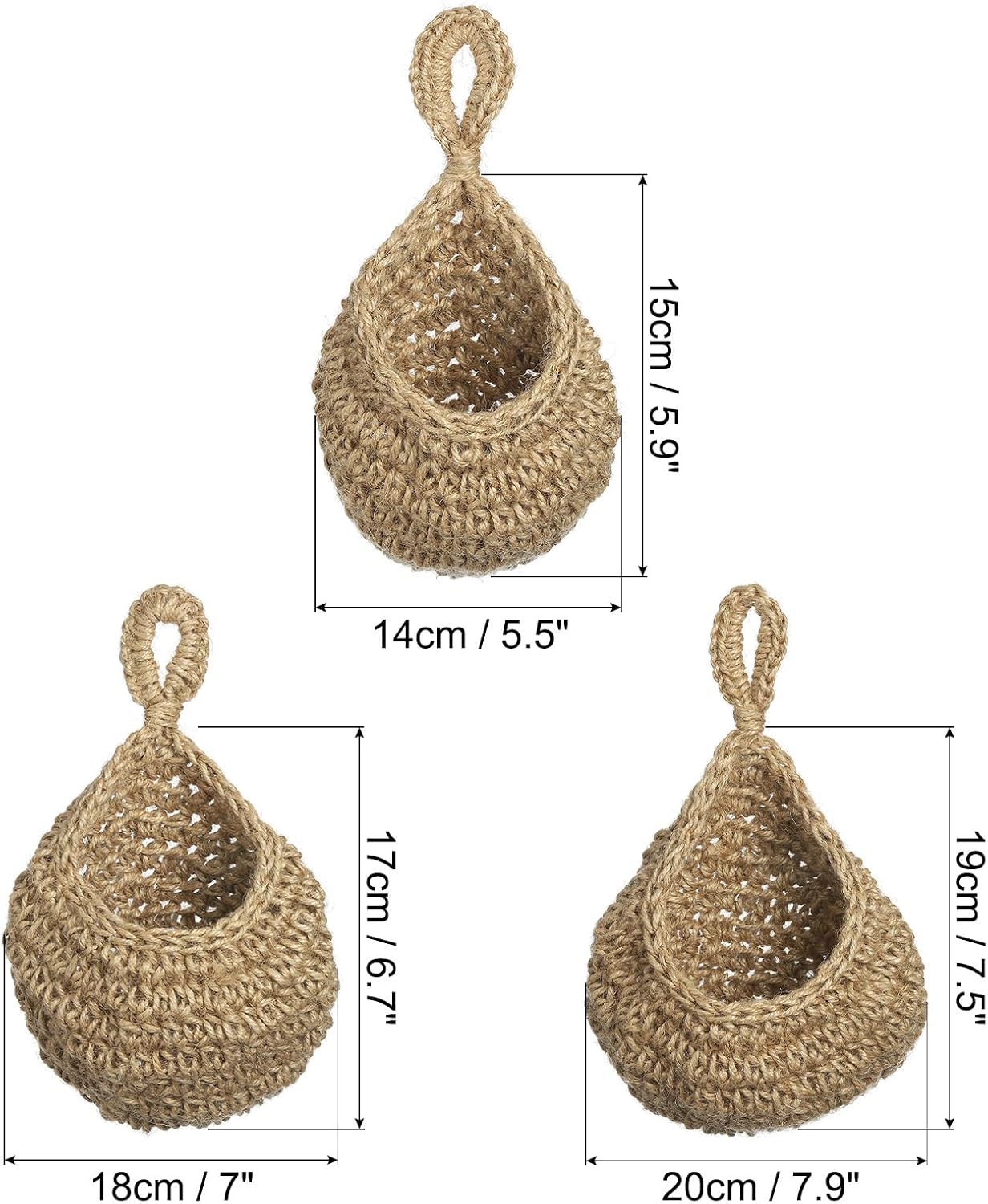 PATIKIL Hanging Fruit Baskets for Kitchen, 3 Sizes Teardrop Home Decor Storage Hand-Woven Wall Hanging Basket for Garlic Potato Vegetable, Brown