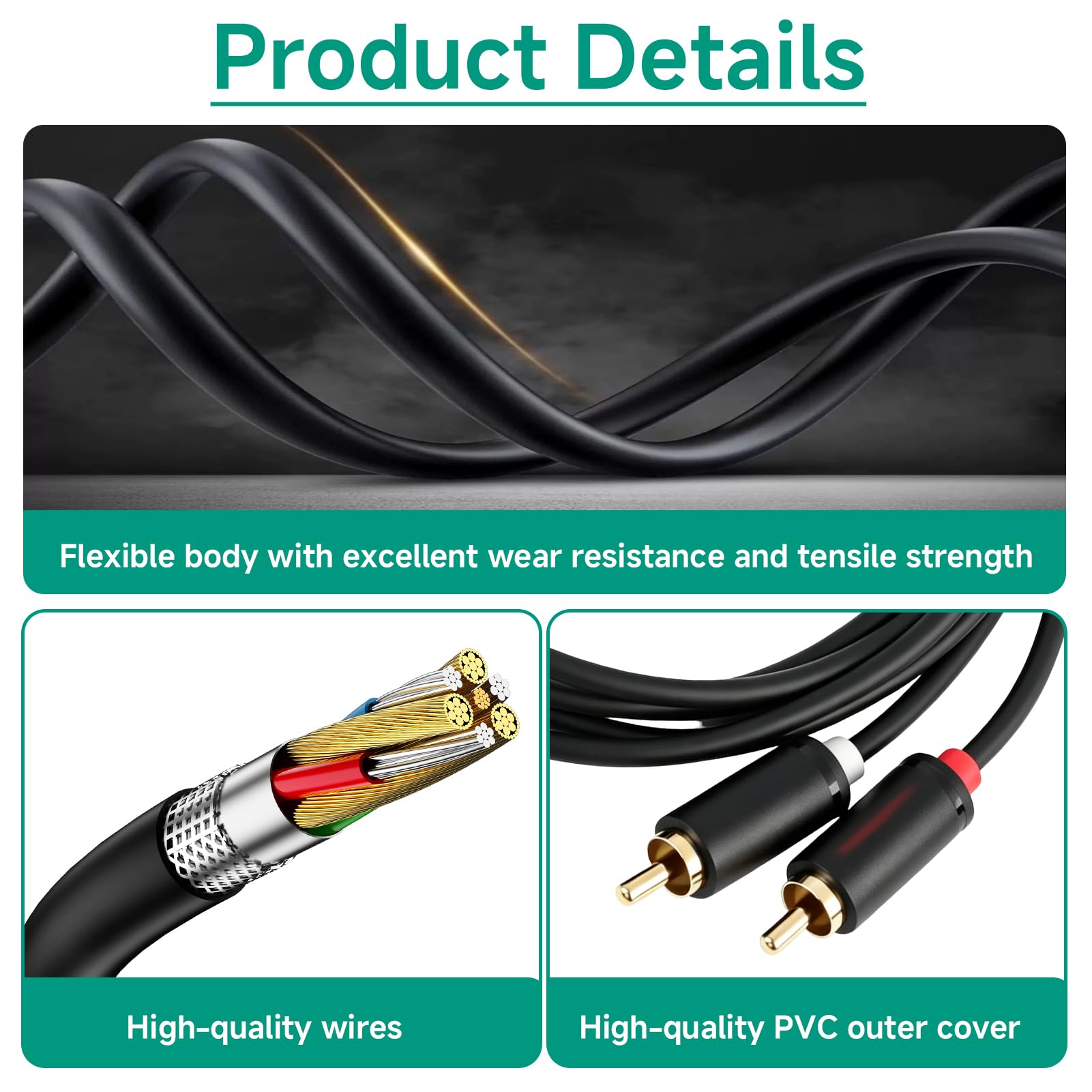 Cinch-Kabel Klinke auf Cinch 3,5 mm, Audiokabel 3,5 mm auf 2 Cinch-Stecker, 2 m, Stereo, AUX auf Cinch-Stecker, vergoldet, kompatibel mit TV, PC, Smartphone, Tablet, Verstärker, Soundbar, Heimkino
