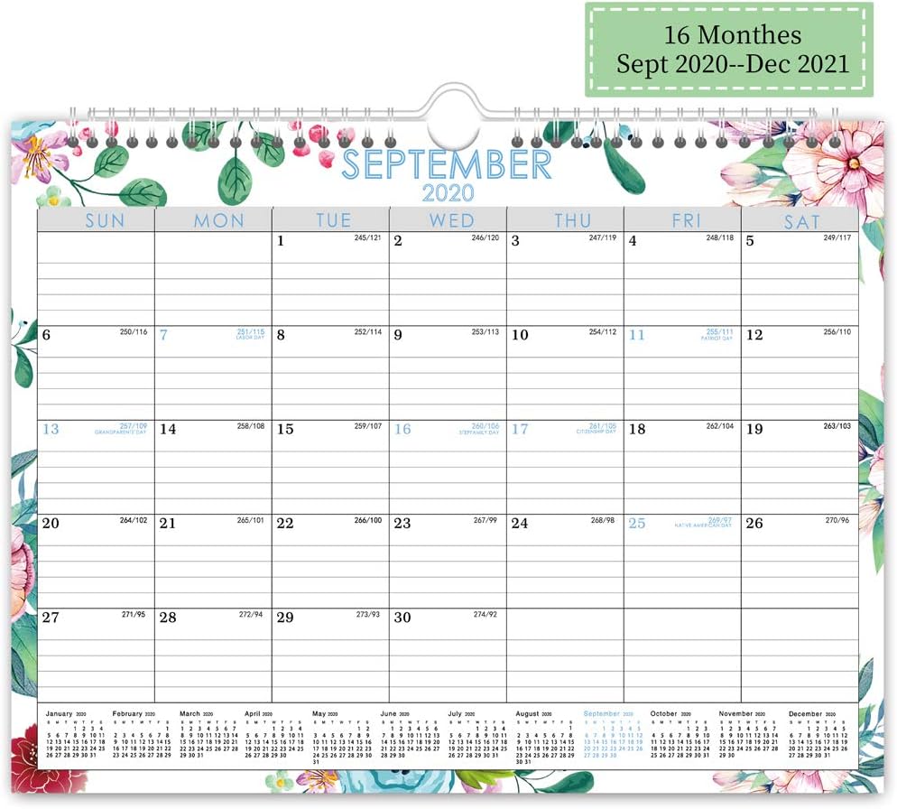 Wall Calendar Sept 2020-Dec 2021,16 Monthes Academic Monthly Desk Calendar Planner, Twin Wire Hanger, 15" x 11.5"