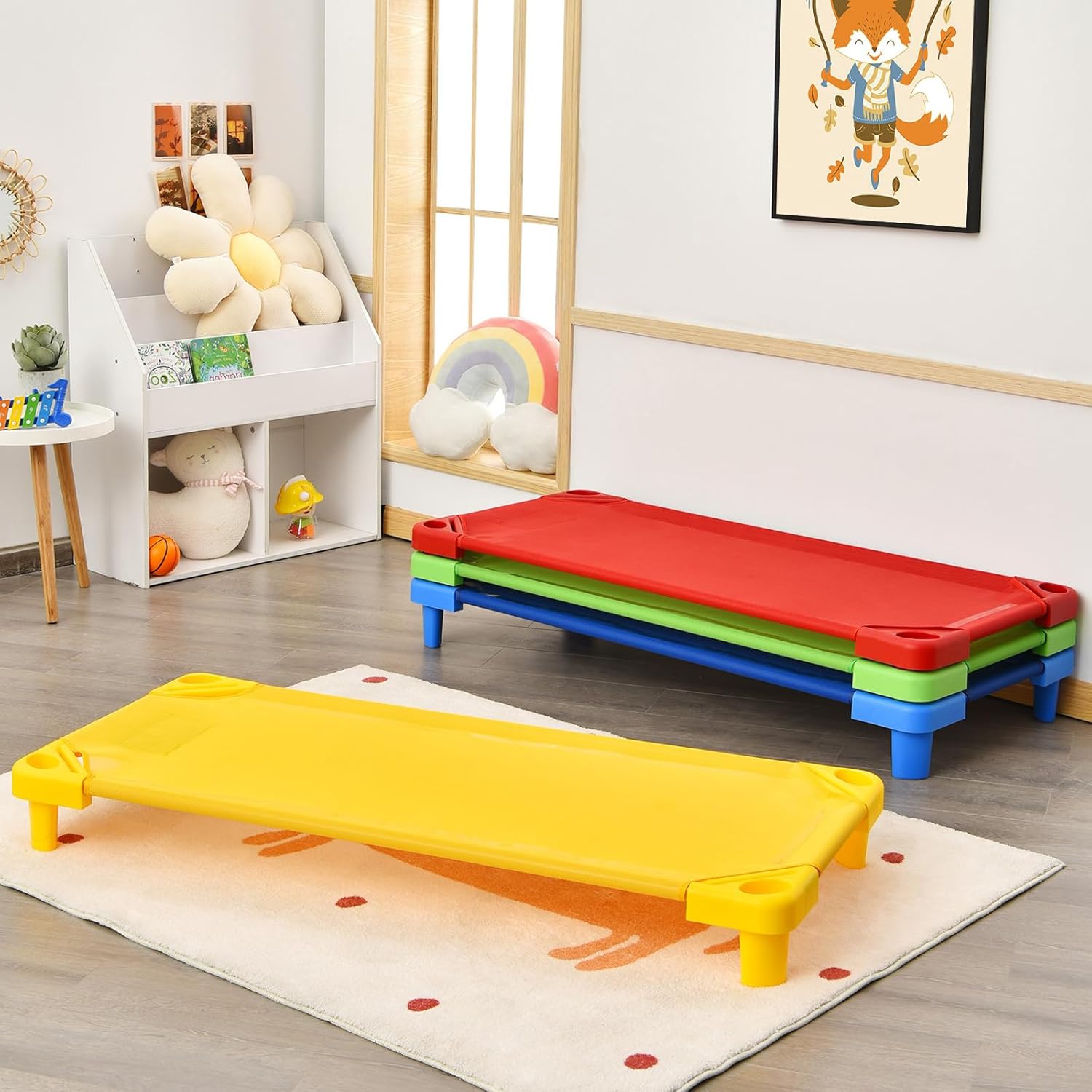 Stackable Daycare Cots for Kid -Pack of 4, Portable Preschool Cots, 52" L x 23" W, Ready-to-Assemble, Space-Saving Toddler Nap Cot for Sleeping, Resting, Naptime, Nursery (4, Multicolor)