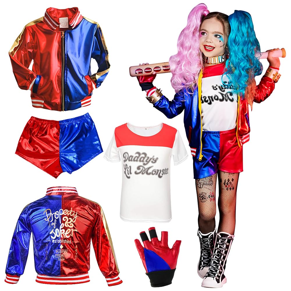BIQIQI Disfraz de Cosplay Quinn Niñas, Disfraz Quinn Niños Cosplay Joker Traje con Camiseta Chaqueta Pantalones Corta y guantes para Halloween Navidad Carnaval Disfraz de Payaso Cosplay Niños