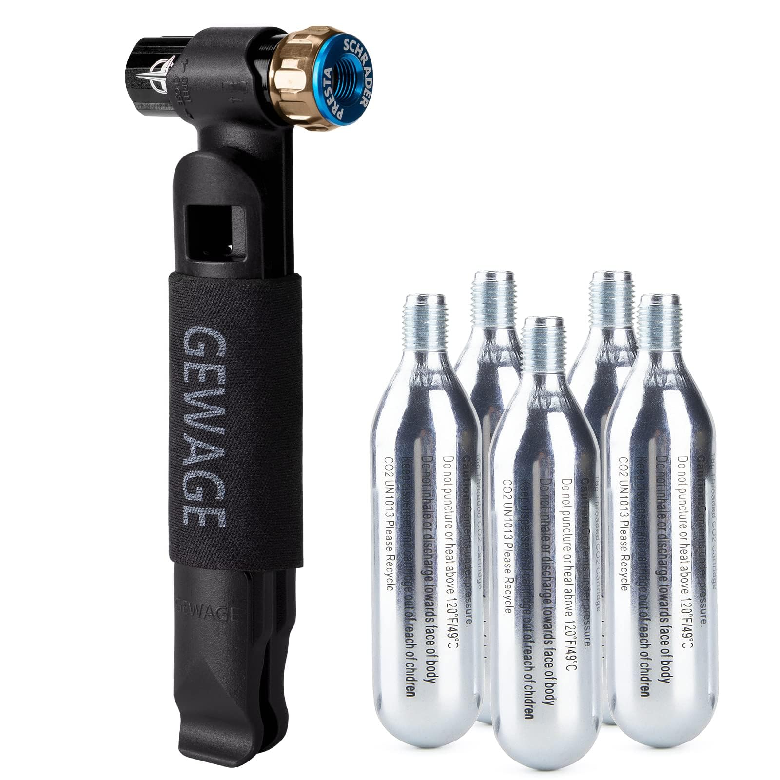 GEWAGE CO2 Pumpe Fahrrad - Kompakte CO2 Kartusche Fahrradpumpe mit 2 Reifenhebern und 5x16g CO2 Kapseln, kompatibel mit 12g/16g/25g, für Presta & Schrader Ventile