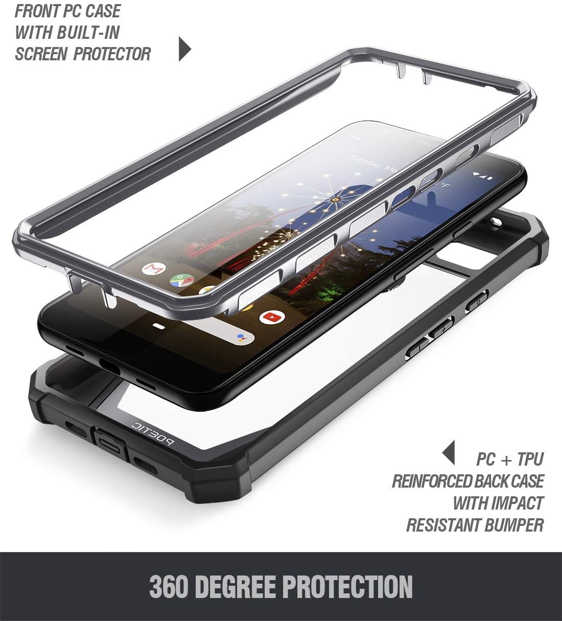 Google Pixel 3a XL Rugged Clear Case, Poetic Full-Body Hybrid Shockproof Bumper Cover, Built-in-Screen Protector, Guardian Series, Case for Google Pixel 3a XL (2019 Release), Black/Clear