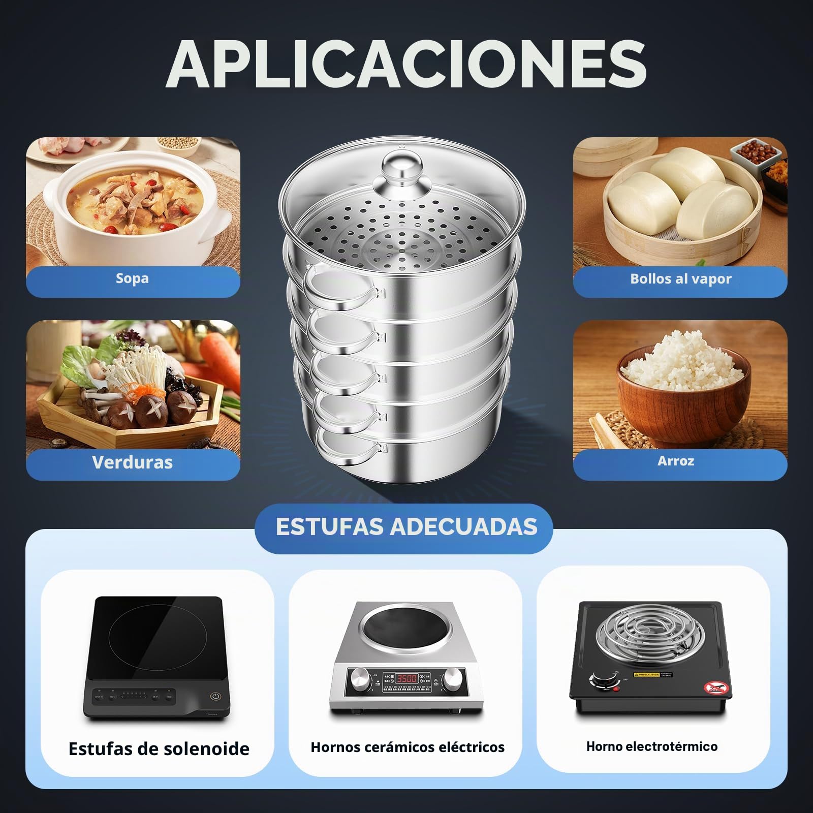 olla de vapor, acero inoxidable, 5 niveles, 30,5 cm de diámetro, para gas, inducción y cocinas eléctricas