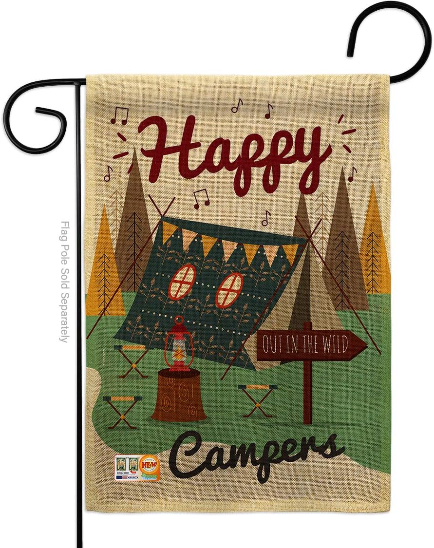 Happy Campers Burlap Garden Flag Outdoor Camping Rustic Camper RV Trailer Adventure Camp Site Campfire Small Decorative Gift Yard House Banner Double-Sided Made In USA 13 X 18.5