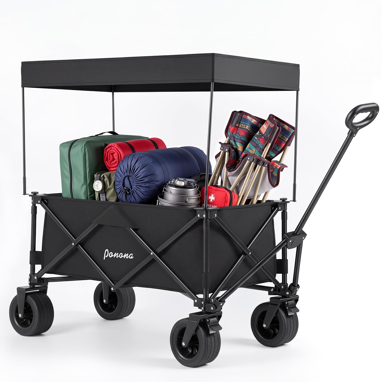 Panana Folding Trolley Removable Canopy Wide Wheels, Foldable Wagon, Portable Camping Cart, Collapsible Trolly With Adjustable Handle, Shopping Trolley Foldaway (Black, 150L With Canopy) โ image 1