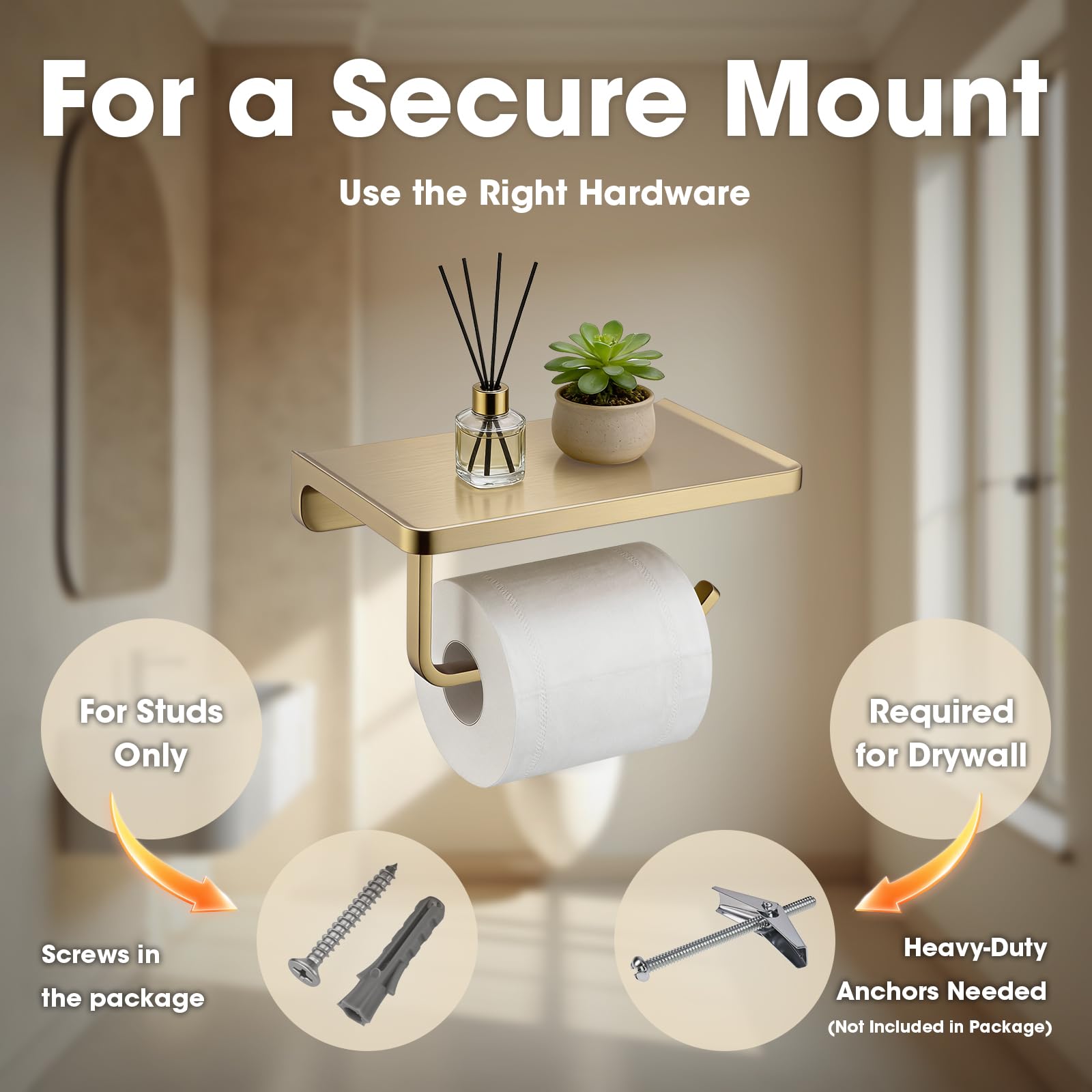 TRUSTMI Soporte de Papel higiénico con Estante para teléfono, Accesorios de baño, dispensador de Rollo de pañuelos montado en la Pared, Oro Cepillado