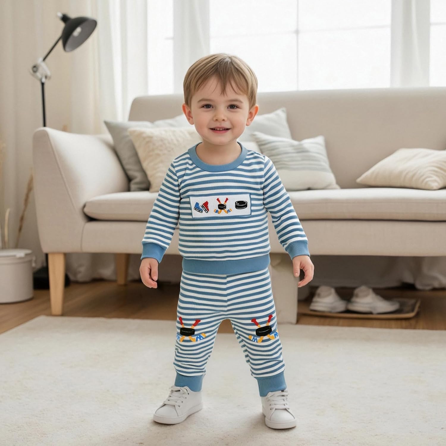 Baby Boy Hockey Outfit Long Sleeve Crew Neck Striped Hockey Embroidered Sweatshirt Pants Toddler Winter Clothes