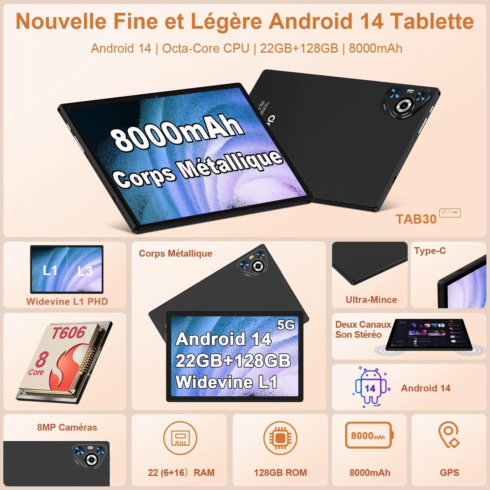 Tablette Android Tablet Tactile, 8000mAh, 128Go ROM/WiFi 5G/2.4G- Noir | BT5.0, Face ID, GPS, caméra 8+5MP, Widevine L1, GMS Certified,contrôle parental, extensible 2To TF. Clavier et souris inclus.