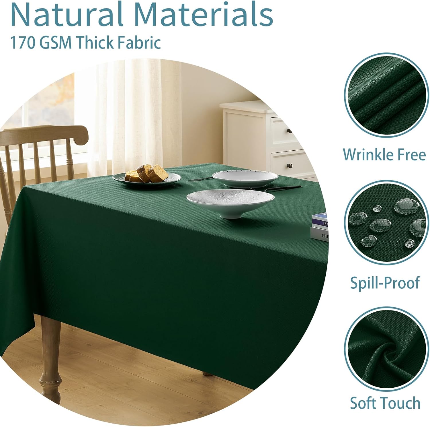 Textured Tablecloth Rectangle Waterproof Table Cloth, Washable Table Cover Wrinkle Free Fabric Tabletop Decoration for Kitchen, Dining, Wedding, Parties, 60 x 144 Inch, Hunter Green