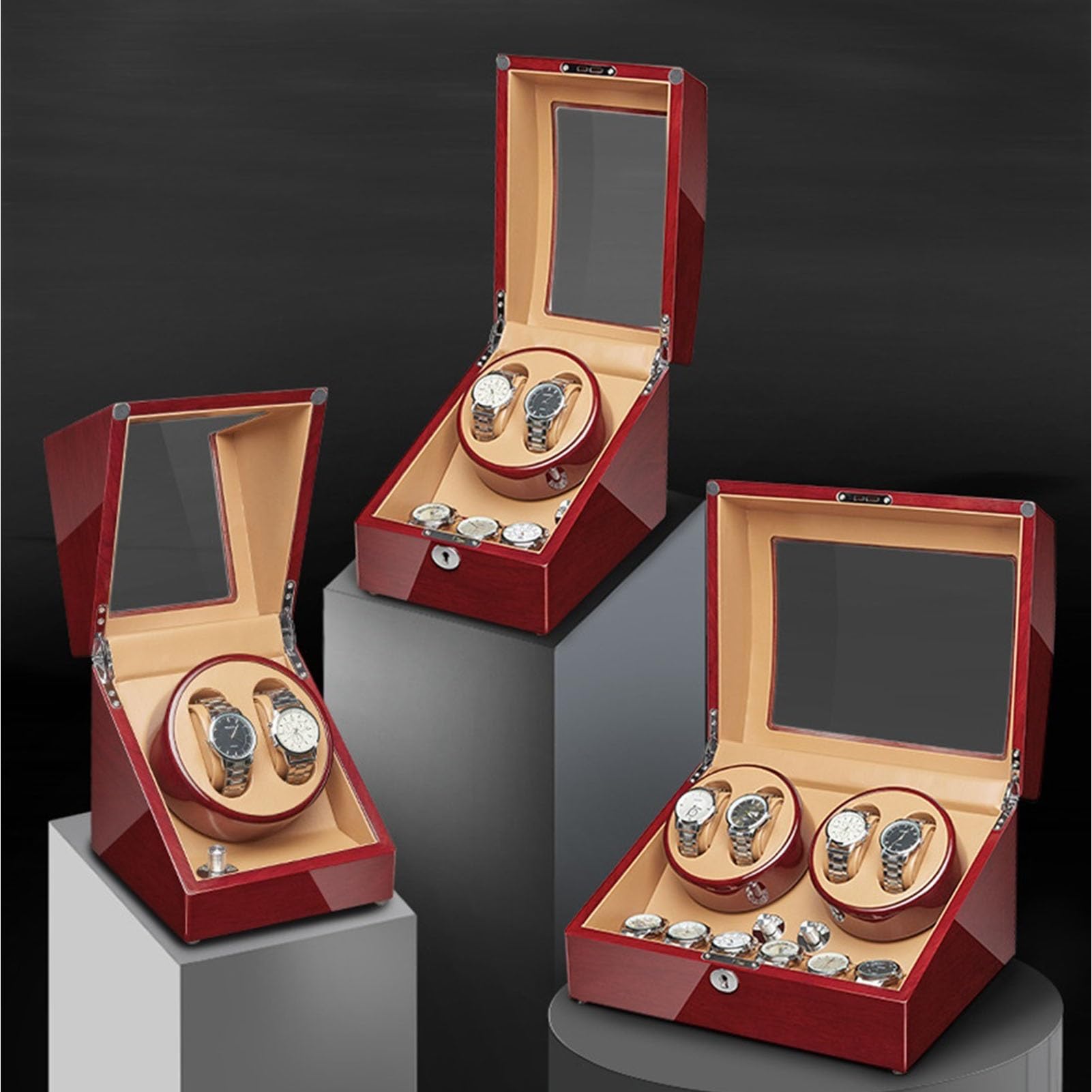 Caricatore Automatico per 2/4 Orologi, Guscio in Legno con Finitura Laccata Pianoforte, Vetro Acrilico, Scatola Porta Orologi Meccanica con Cuscino Flessibile E Moto(4+0)