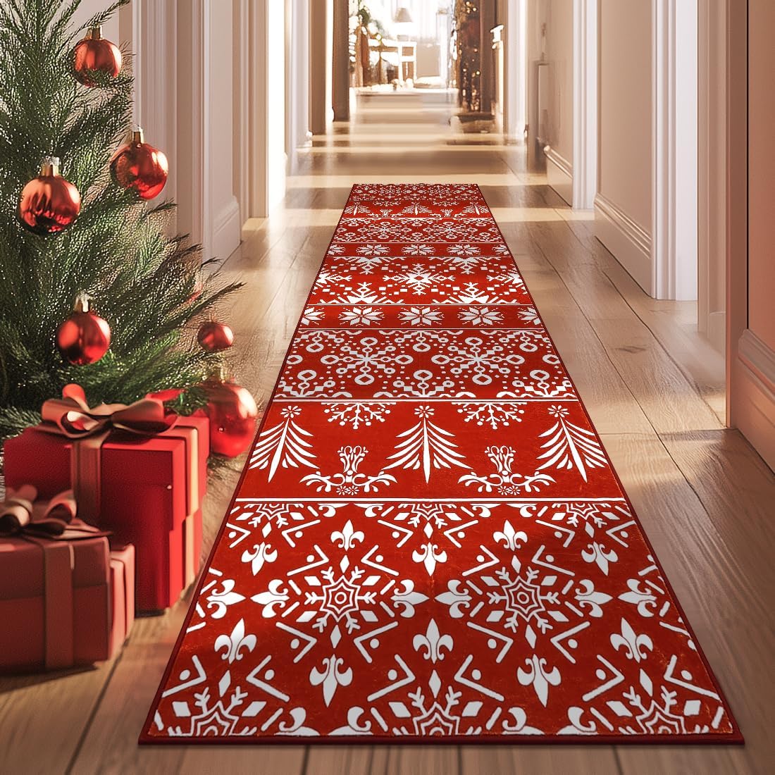 Christmas Runner Rug 2x8, Washable Non-Slip Soft Long Carpet with Red Snowflake, Low Pile Faux Wool Xmas Throw Rug for Hallway, Living Room, Kitchen, Entryway, Bedroom, and Holiday Decor 2 x 8