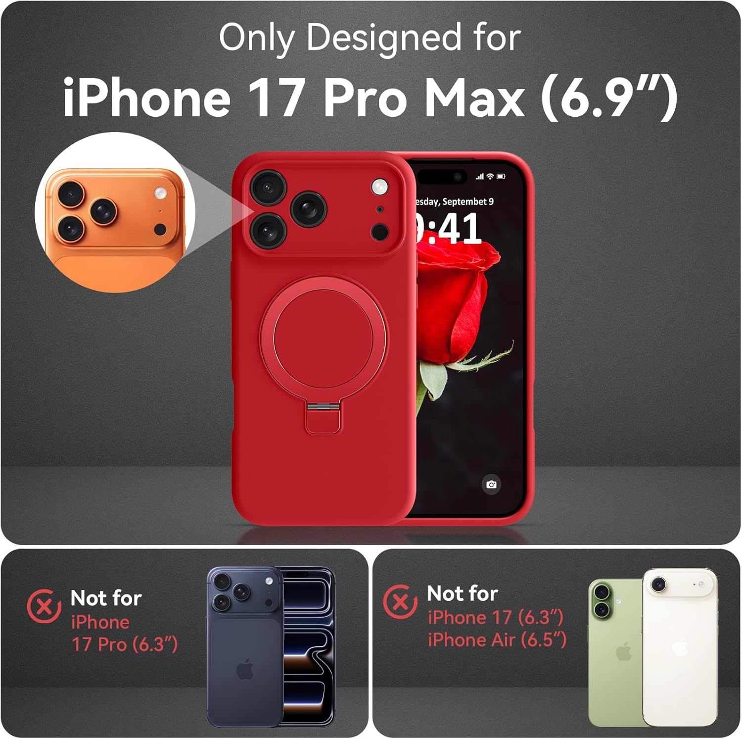 for iPhone 17 Pro Max Case with Stand, Compatible with MagSafe Magnetic Invisible Ring Stand Slim Liquid Silicone Shockproof Full Camera Protection Case for iPhone 17 Pro Max 6.9", Red