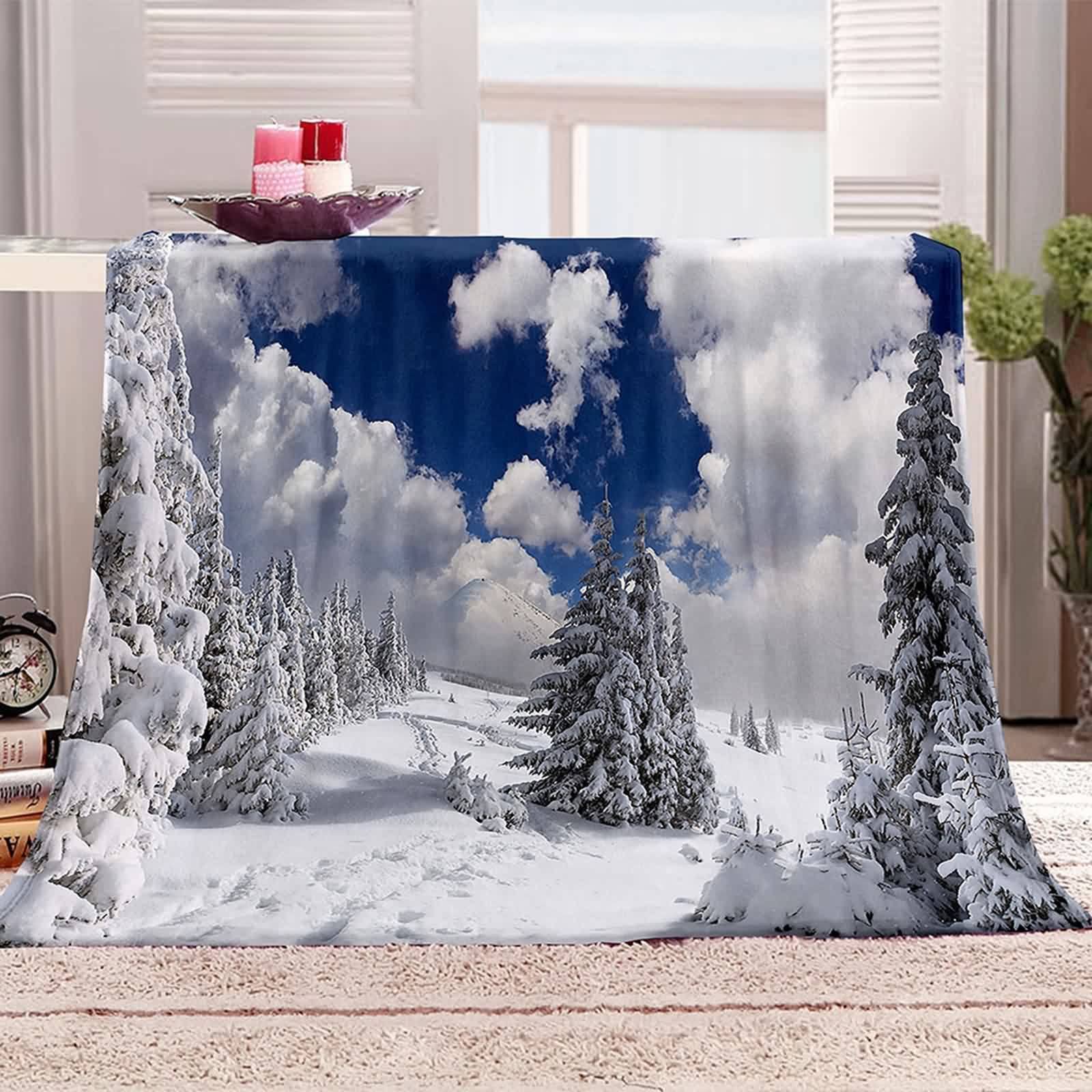 Couverture Polaire Tres Chaude, Couverture Tres Chaude Hiver Flanelle Bleu Blanc 130x150CM Arbre à Neige Blanket Douce Cosy Lit Canapé
