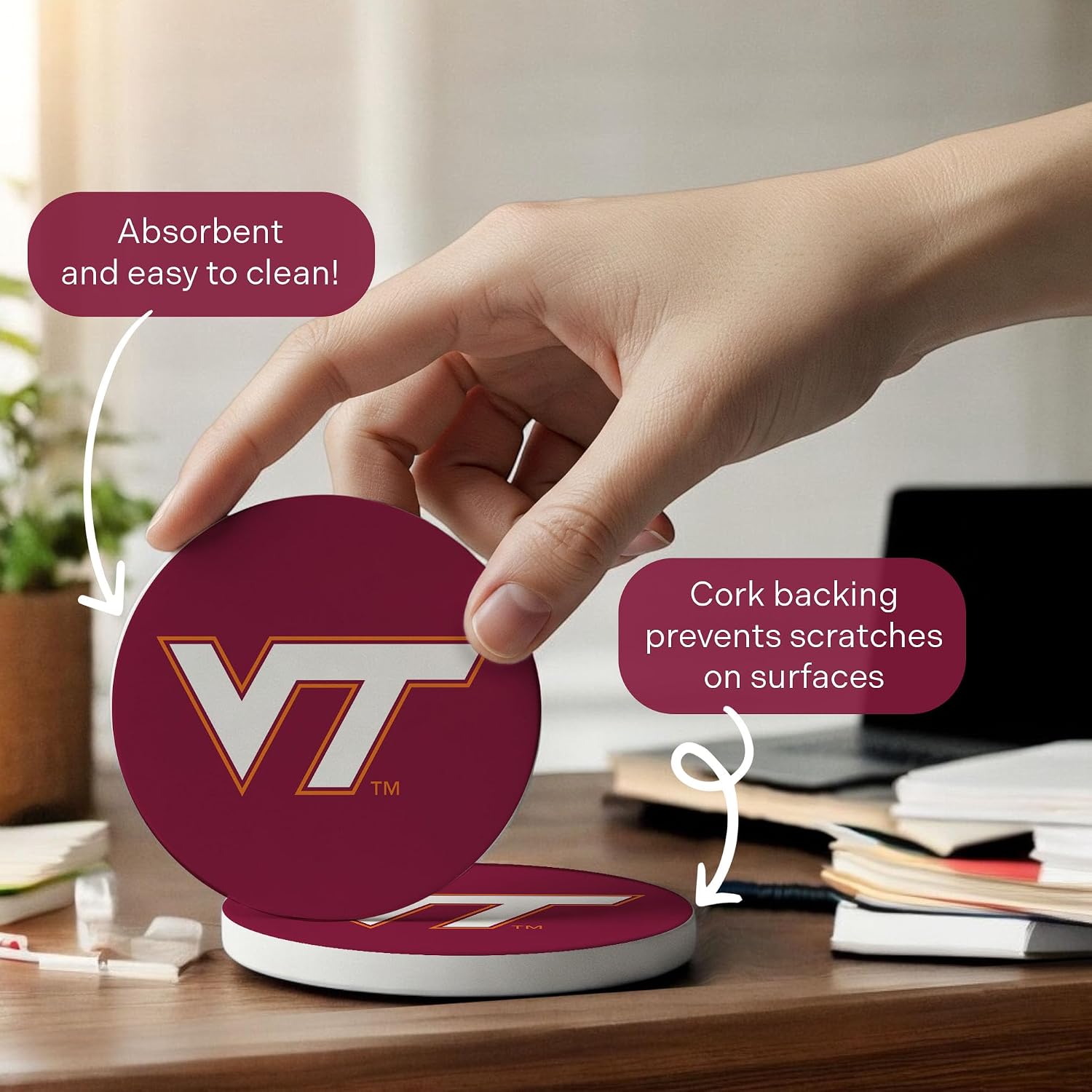 Desert Cactus Virginia Tech Circle Ceramic Coasters 4 Pack Hokies VT Absorbent Drink Coasters with Cork Backing (Design A)