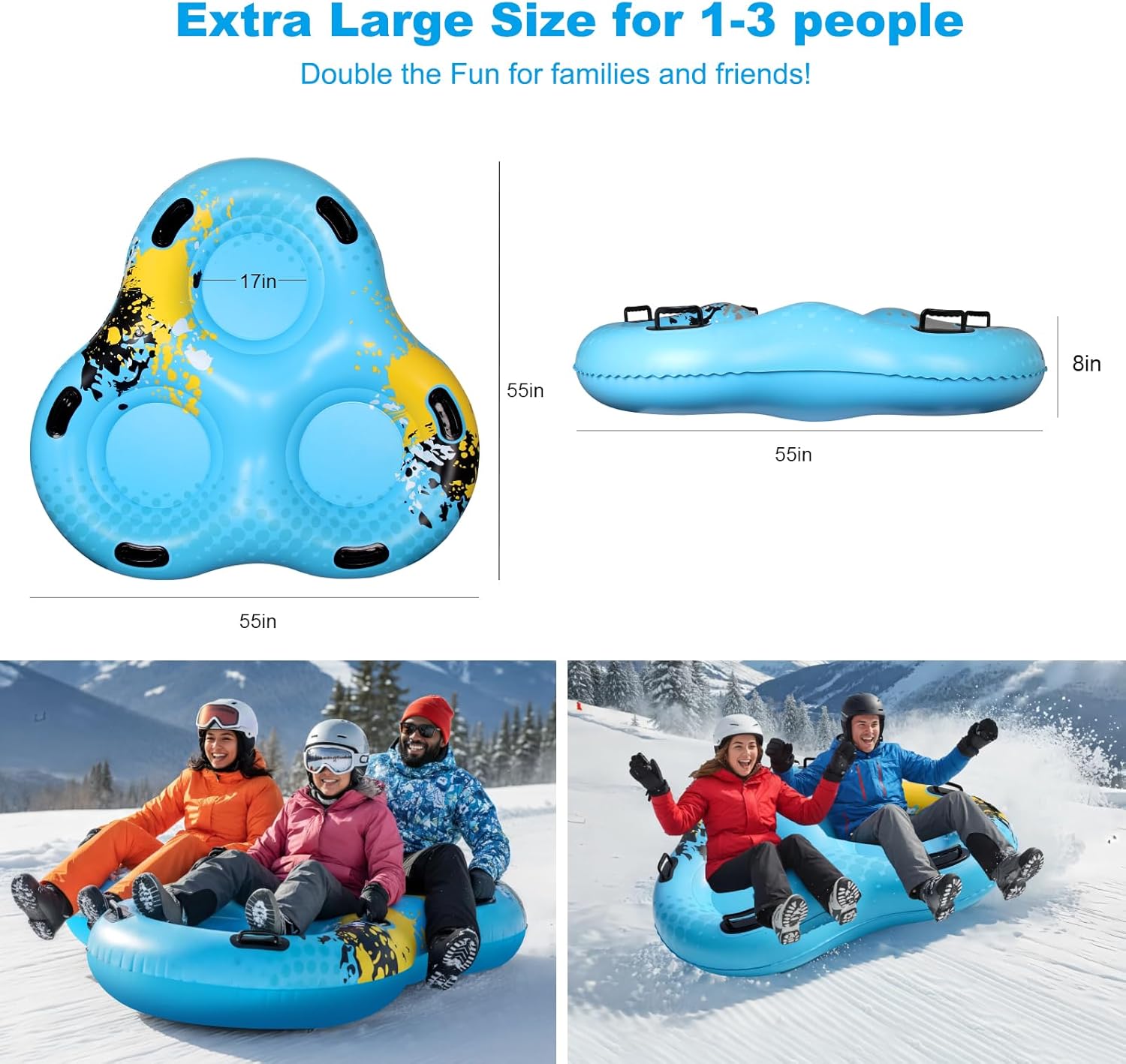 3-Seat Snow Tube Sled, 55 Inflatable Heavy Duty Snow Sled for Adults, Thickened Bottom Snow Tubes with 6 Reinforced Handles, Winter Outdoor Family Christmas for Sledding Gifts