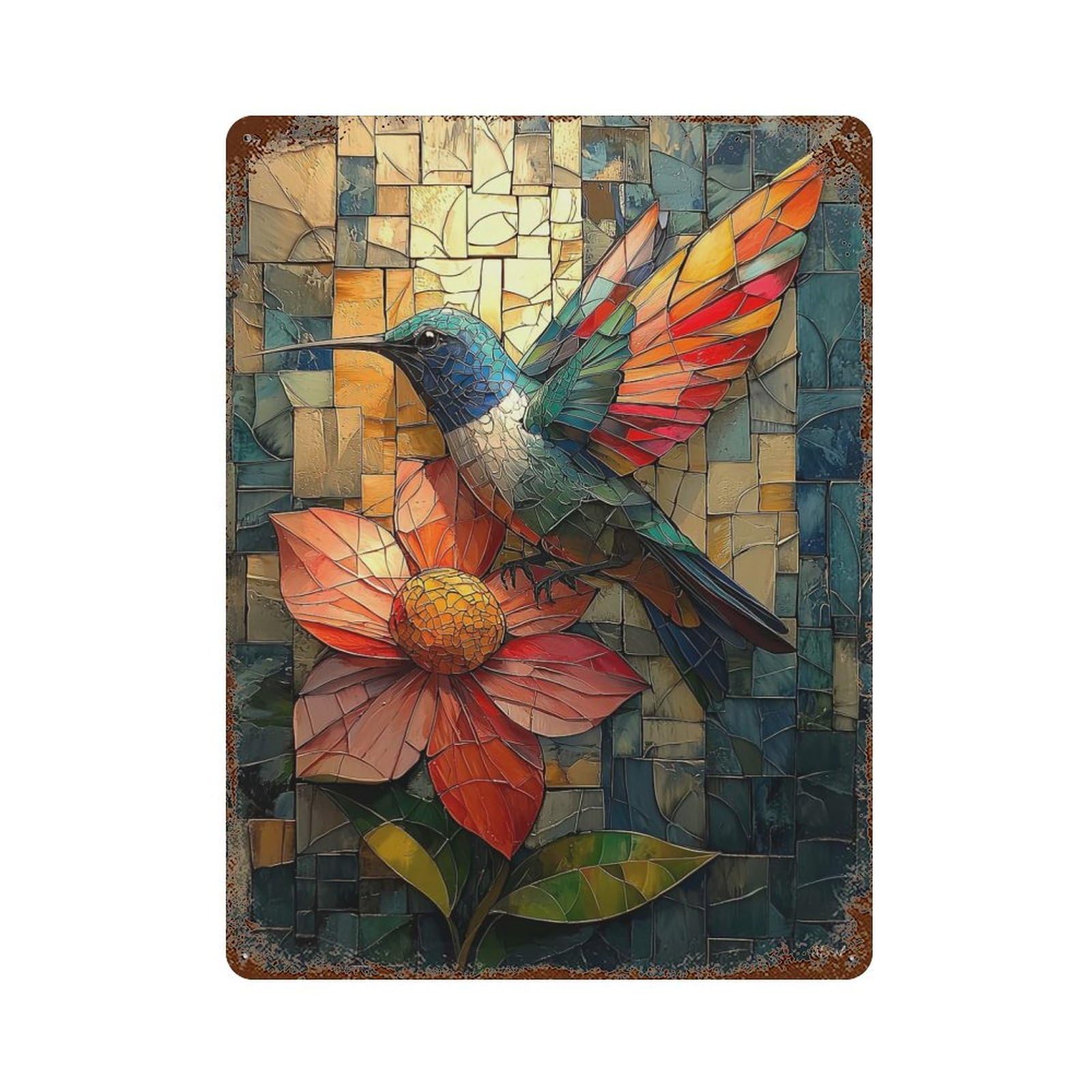 Retro Metal Sign with Vibrant Hummingbird And Flower in Stained Glass Design 15.7"x11.8", for Shed, Workshop And Garage Wall Decor, Industrial Home Decor