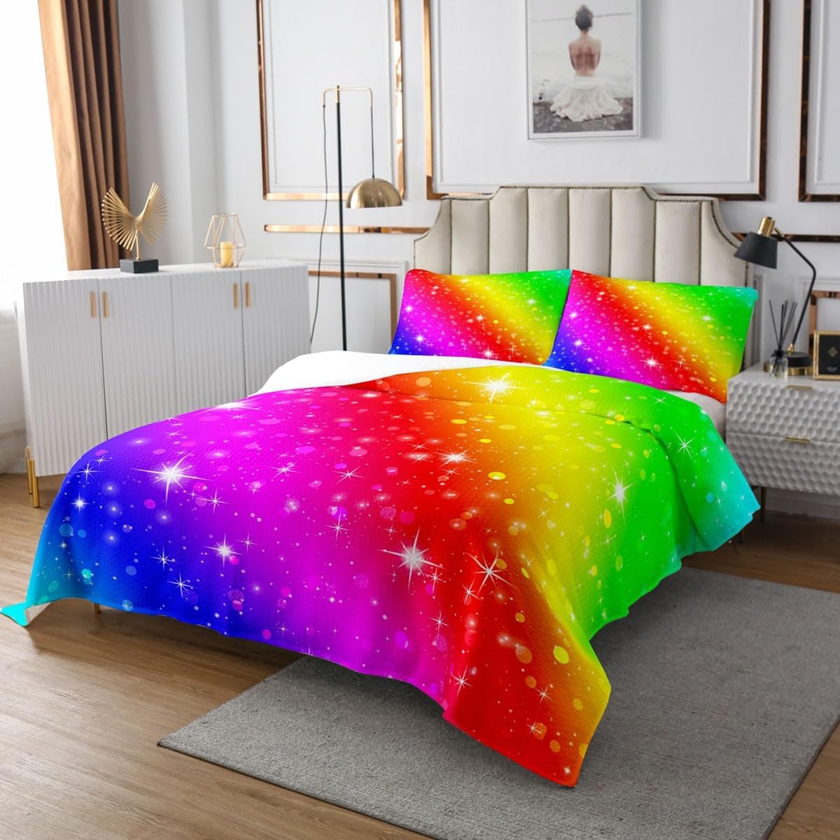 Homewish Rainbow Colorful Bedspread Queen Size,Bright Stars Galaxy Quilt Sets 3Pcs for Kids Teens Youth Room Decor,Watercolor Gradient Bedding Sets Fashion Vivid Down Comforter,2 Pillowcases