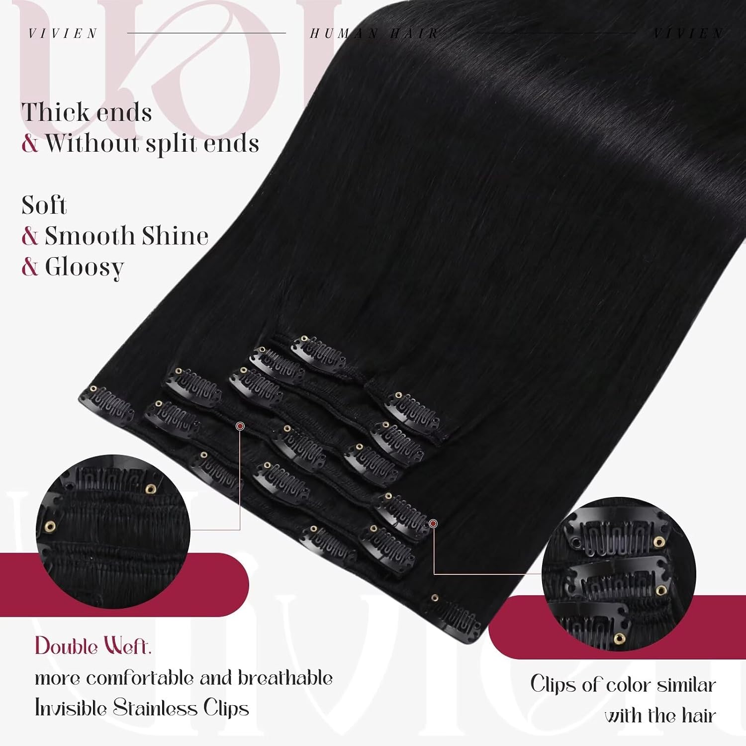 Vivien Clip in Invisible Hair Extensions Black Double Weft Remy Clip in Extensions Real Human Hair Jet Black Seamless 22 Inch 120g 7pcs