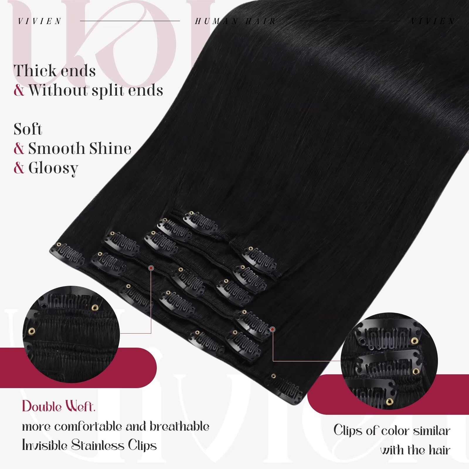 Vivien Clip in Hair Extensions Human Hair Black Hair Extensions for Women Clip in Black Human Hair Clip in Extensions 16 Inch 120g 7pcs #1 — view 3