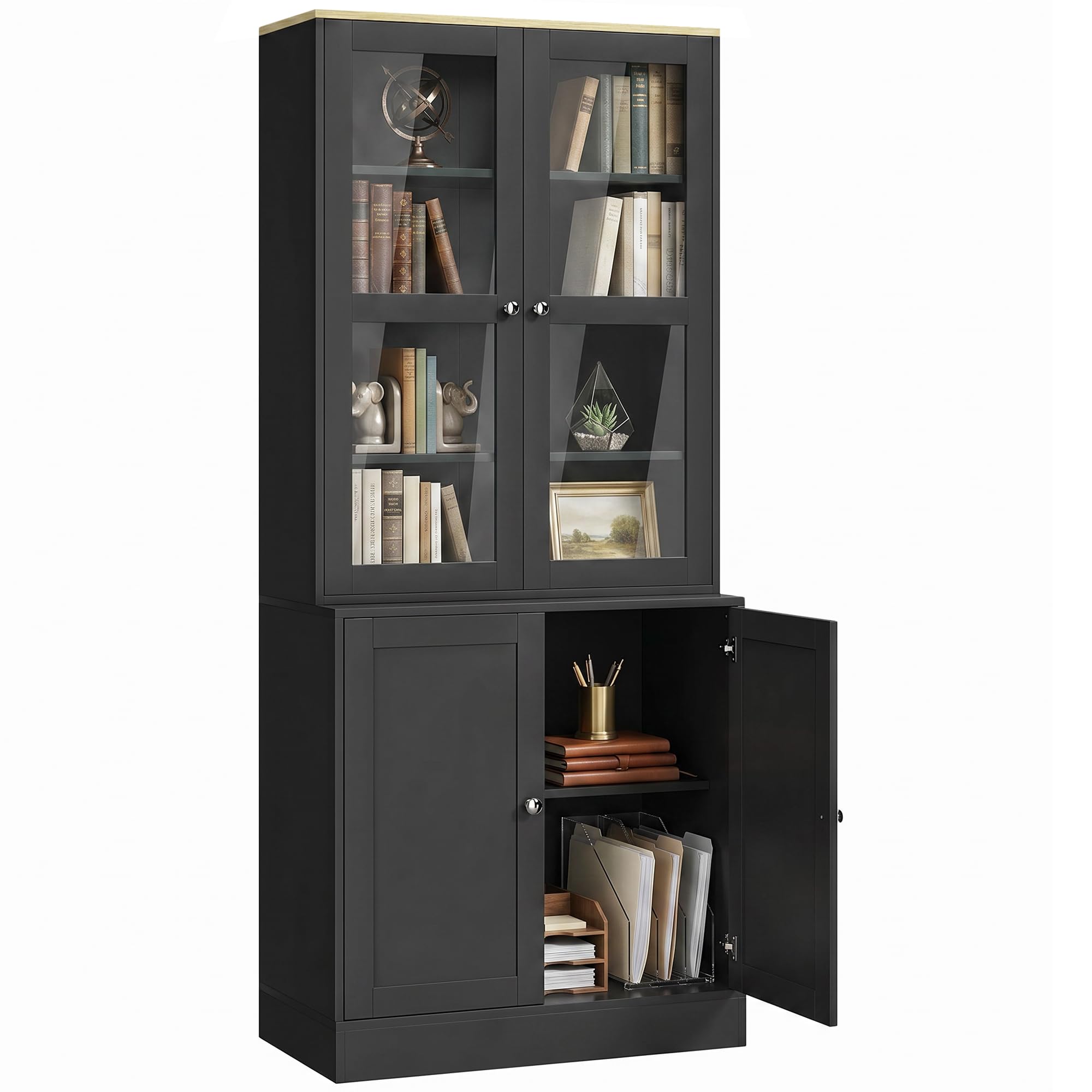 HOMCOM Modern Bookcase with Glass Doors, Display Storage Cabinet with Adjustable Shelves for Living Room, Study, Home Office, Kitchen Cupboard with Small Open Counter, Black