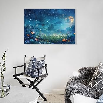 Amazon.co.jp: 絵画 美しい星空と月と夜の花畑 アートパネル