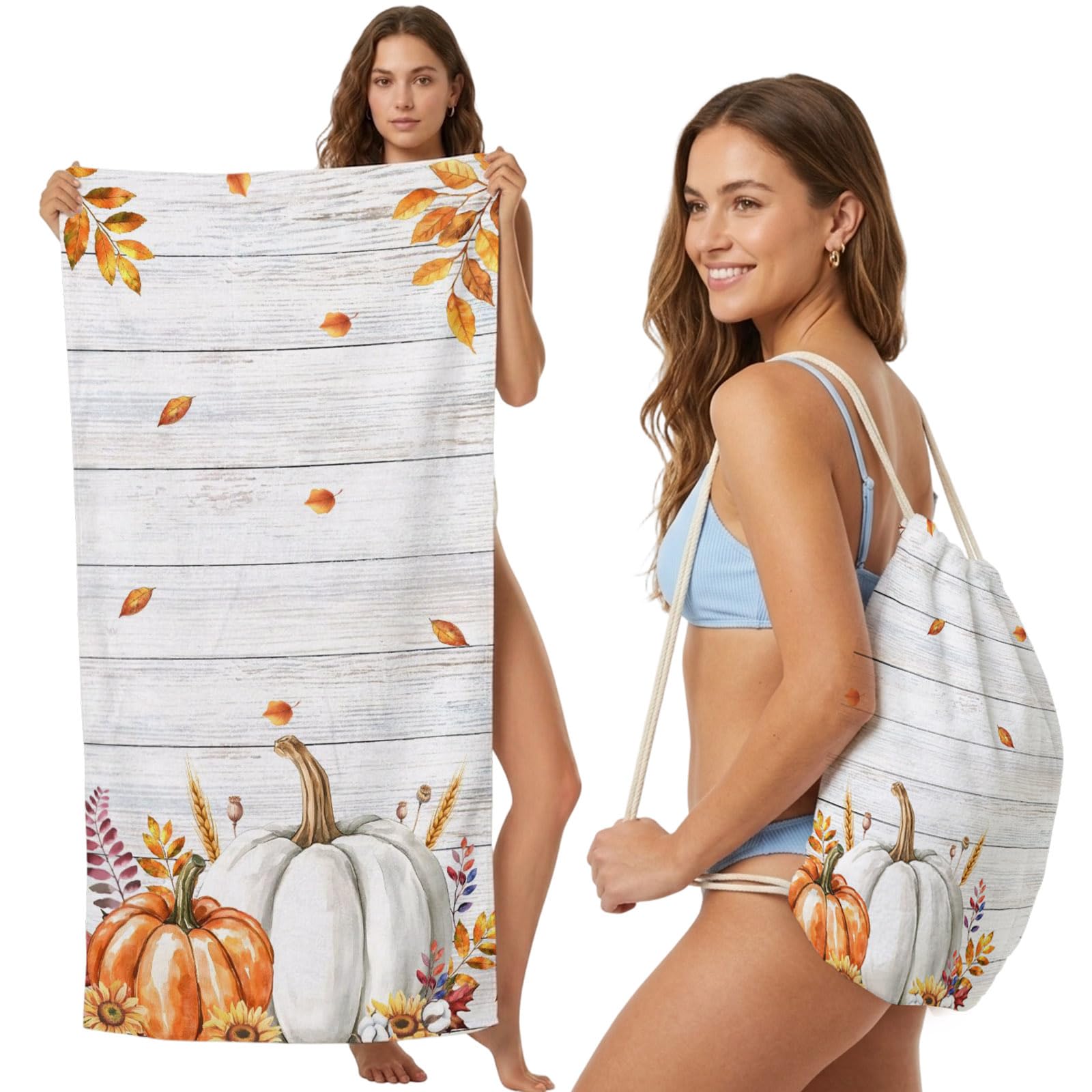 FWJZDSP 2-in-1 Beach Towel Backpack,Thanksgiving Pumpkin on Wood Board Bath Towel with Built-in Storage Farm Bird Convertible Foldable Beach Blanket for Travel Pool Gym Camping Swim,31x63in