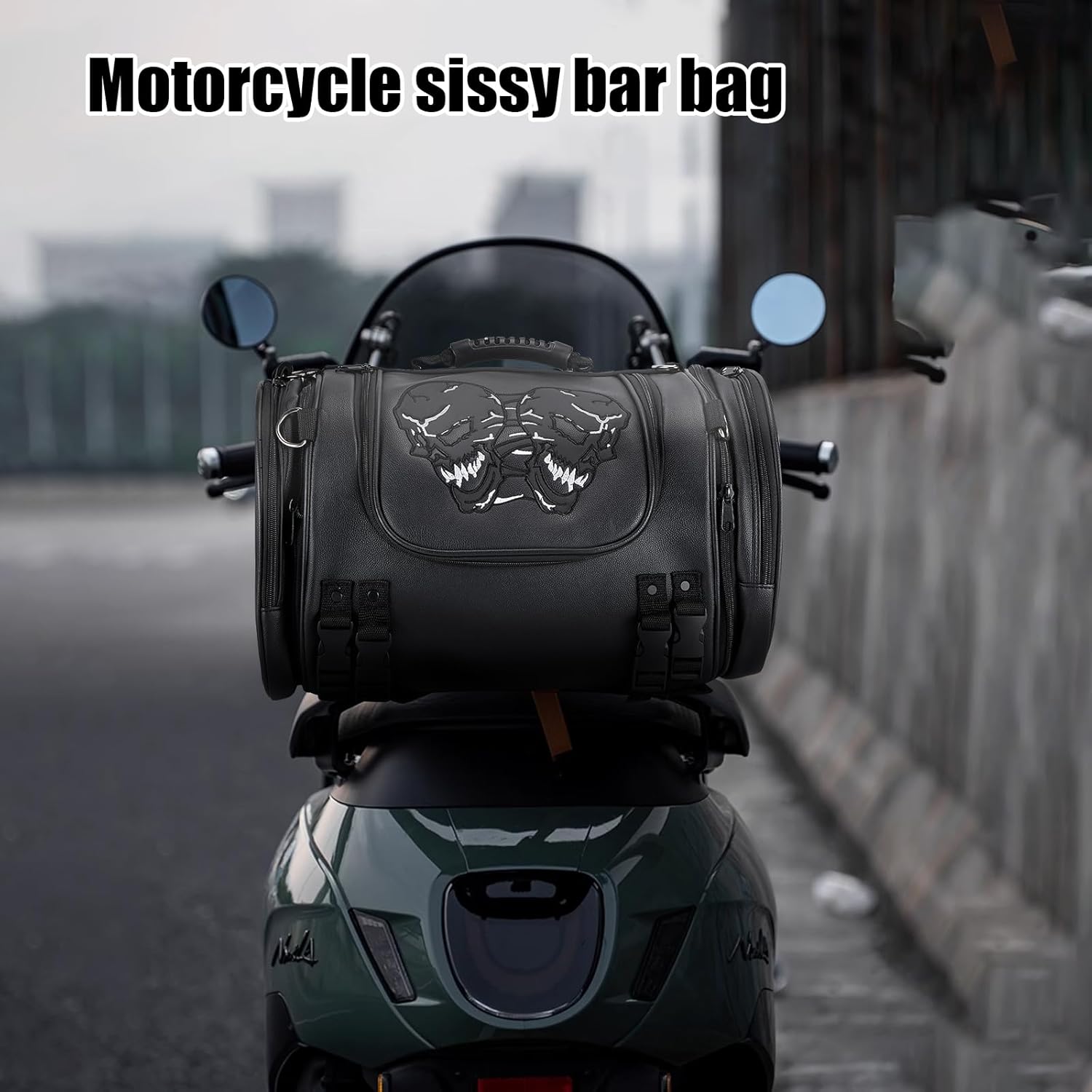 GARGOYLE BELLS Motorcycle Tool Bag Handlebar Bag Universal Motorcycle Fork Bag Saddlebags Sissy Bar Storage Tool Bag for Motorcycle (With Skull Print, 17" x 12" x 10.5")