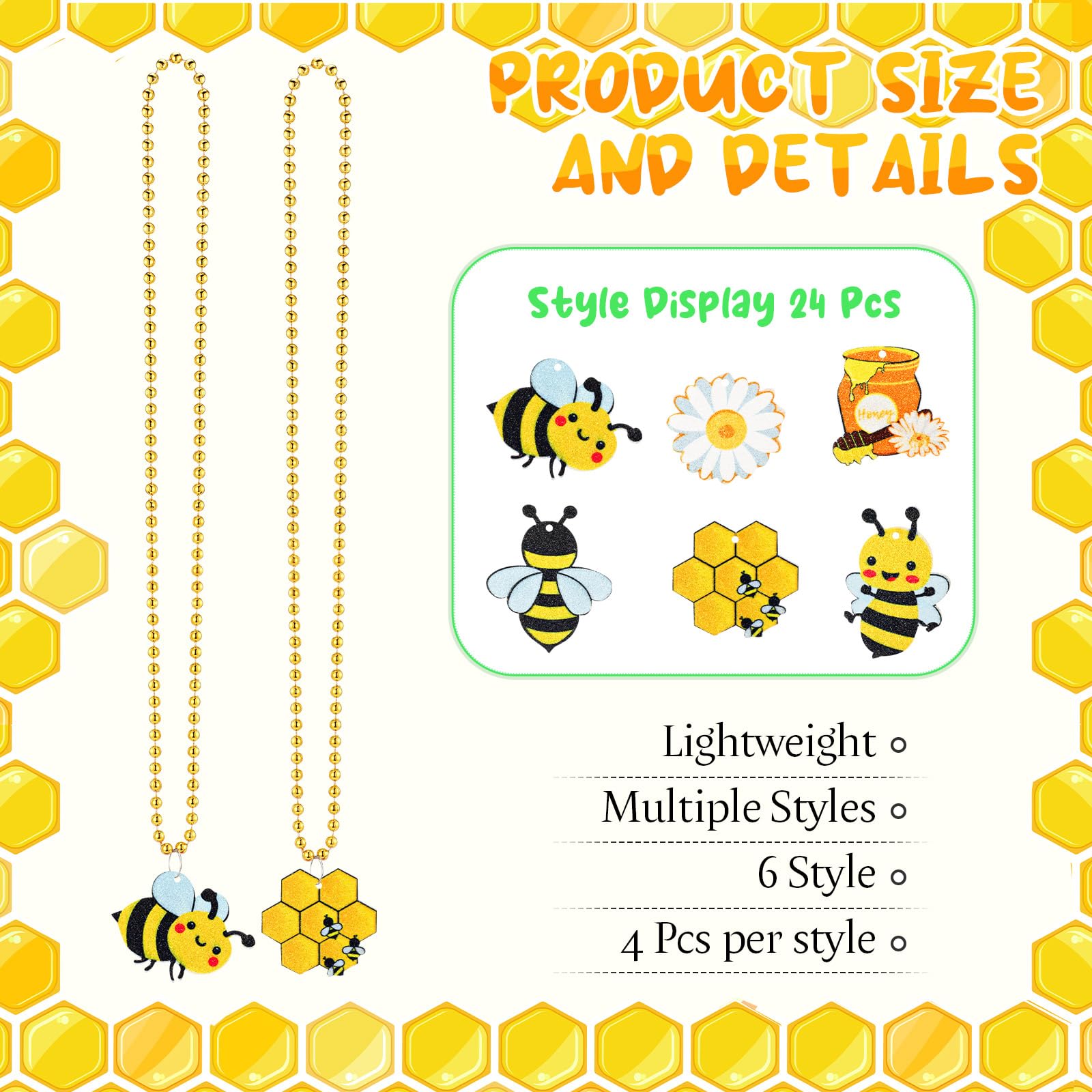 Quelay 24 Packs Bee Necklace Bead Flower Honey Pots Mardi Gras Beads for Bee Party Favors Bee Decorations