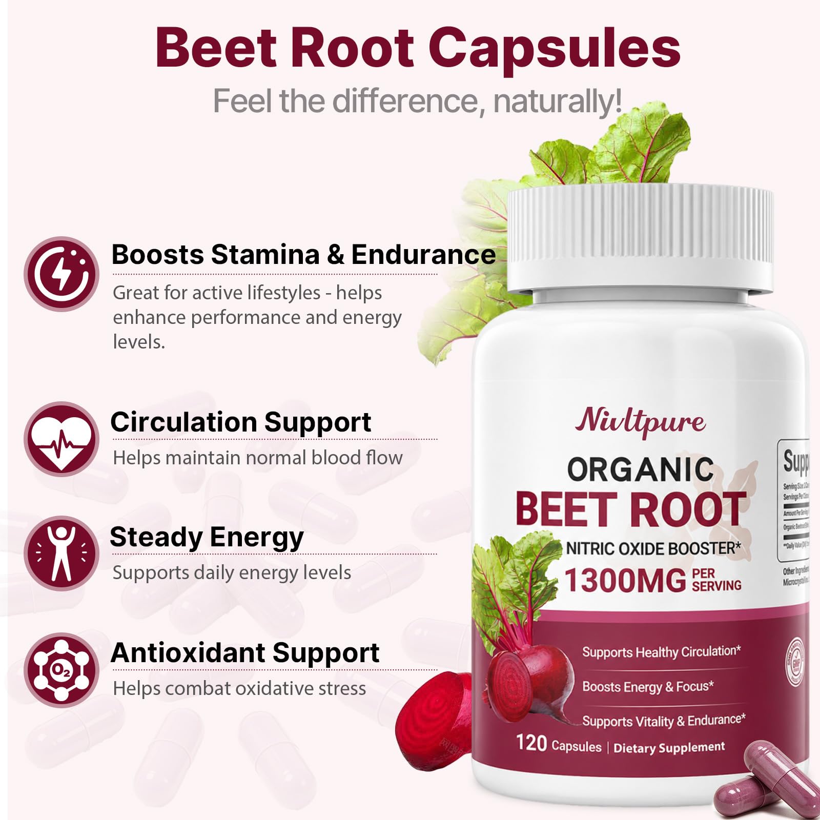 Beet Root Capsules 1300mg - Cold Pressed Beet Root Nitric Oxide Booster Beetroot Powder Extract for High Blood Pressure, Healthy Circulation, Energy and Stamina, Non-GMO - 120 Capsules — Amazon image 2